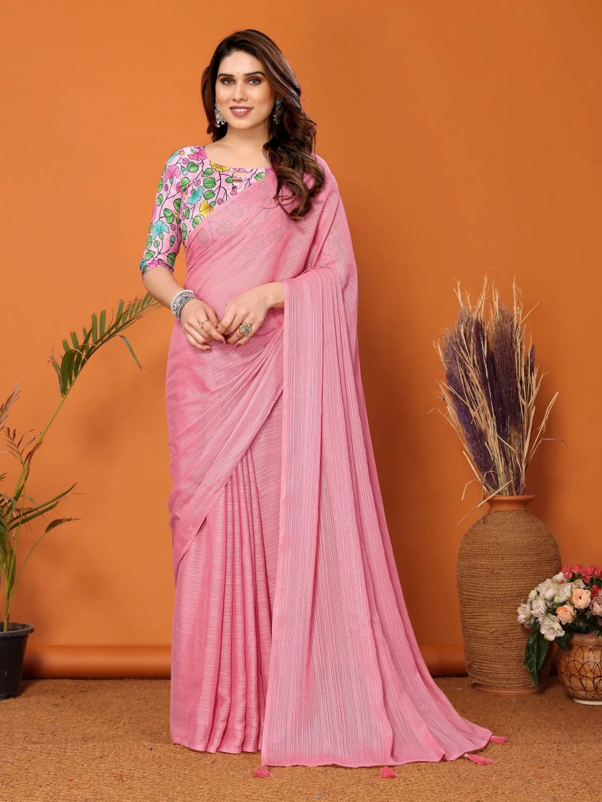 Odette Pink Georgette Solid Saree For Women