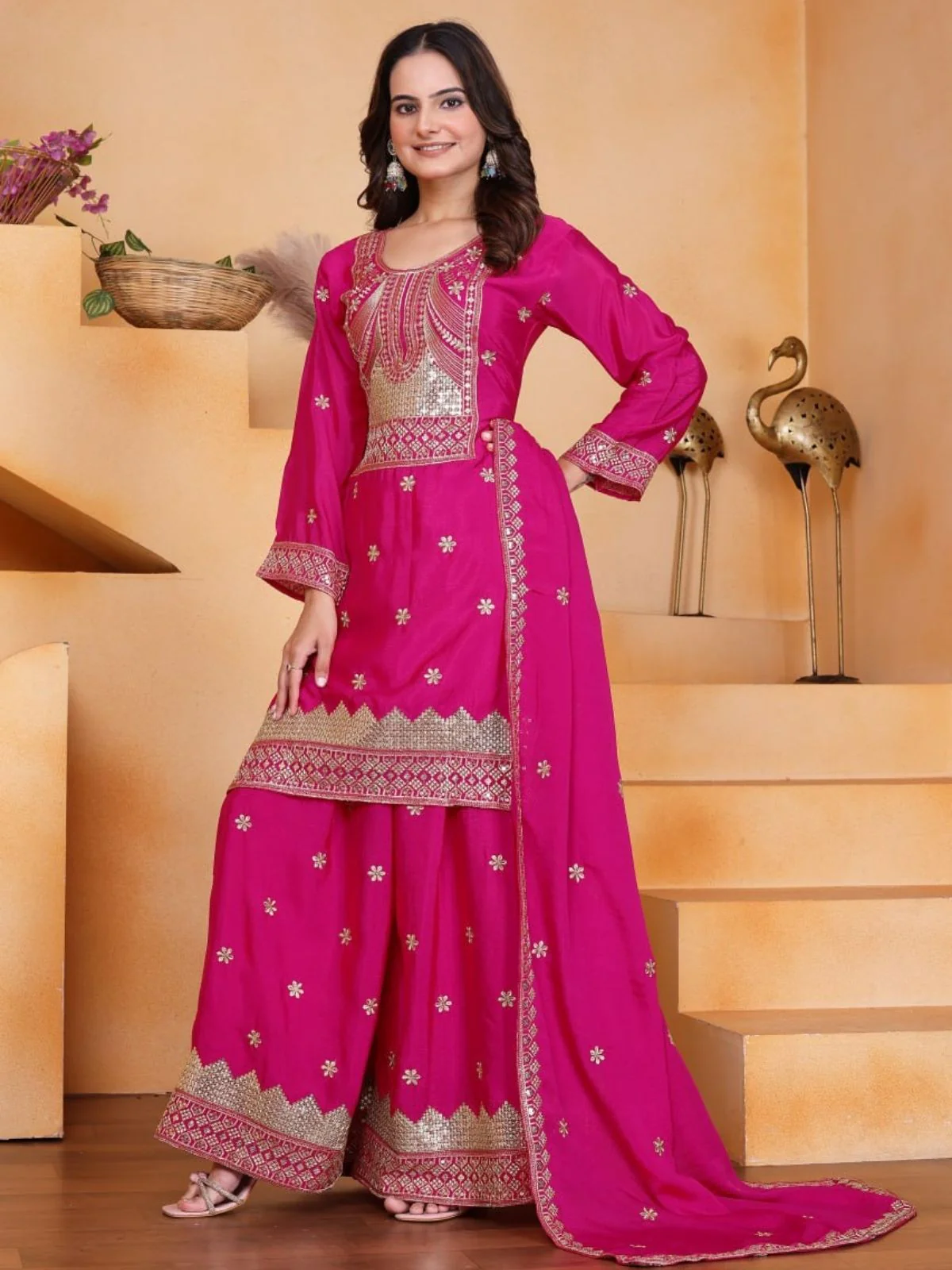 Odette Pink Georgette Solid Stitched Kurta Set For Women - Image 2