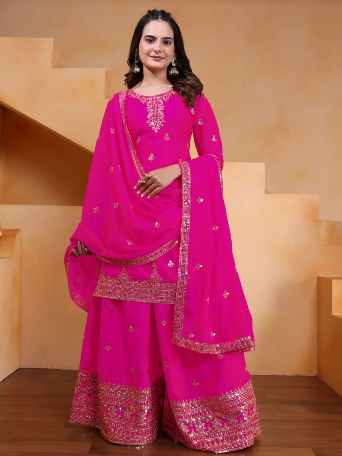 Odette Pink Georgette Solid Stitched Kurta Set For Women