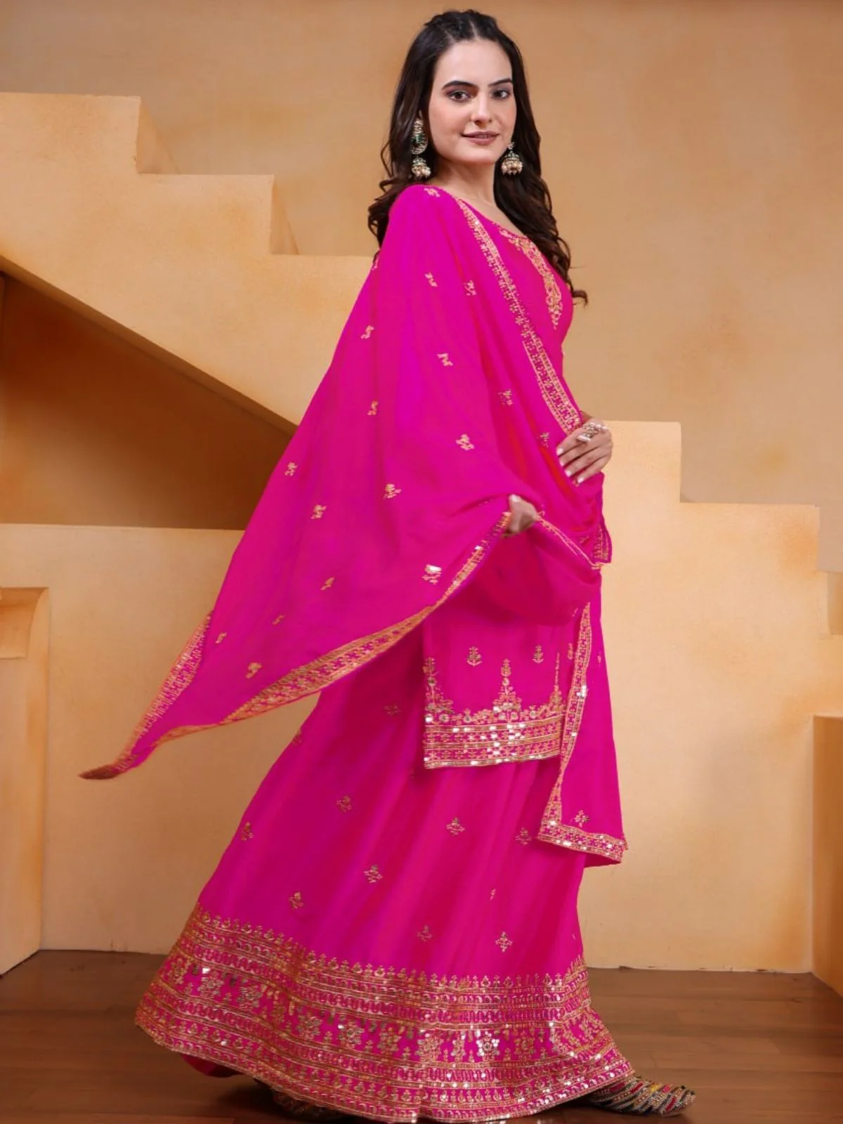 Odette Pink Georgette Solid Stitched Kurta Set For Women - Image 3