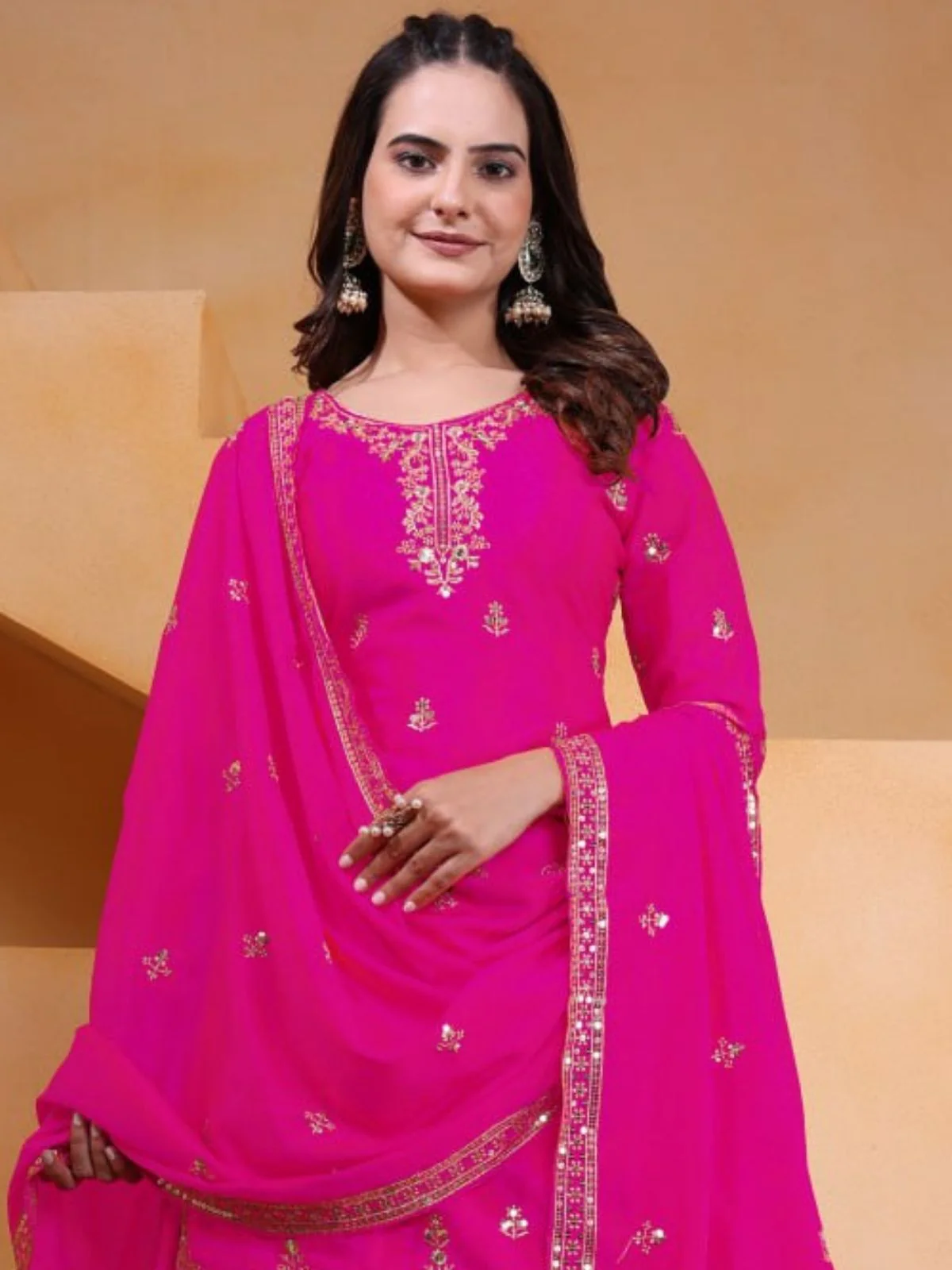 Odette Pink Georgette Solid Stitched Kurta Set For Women - Image 4