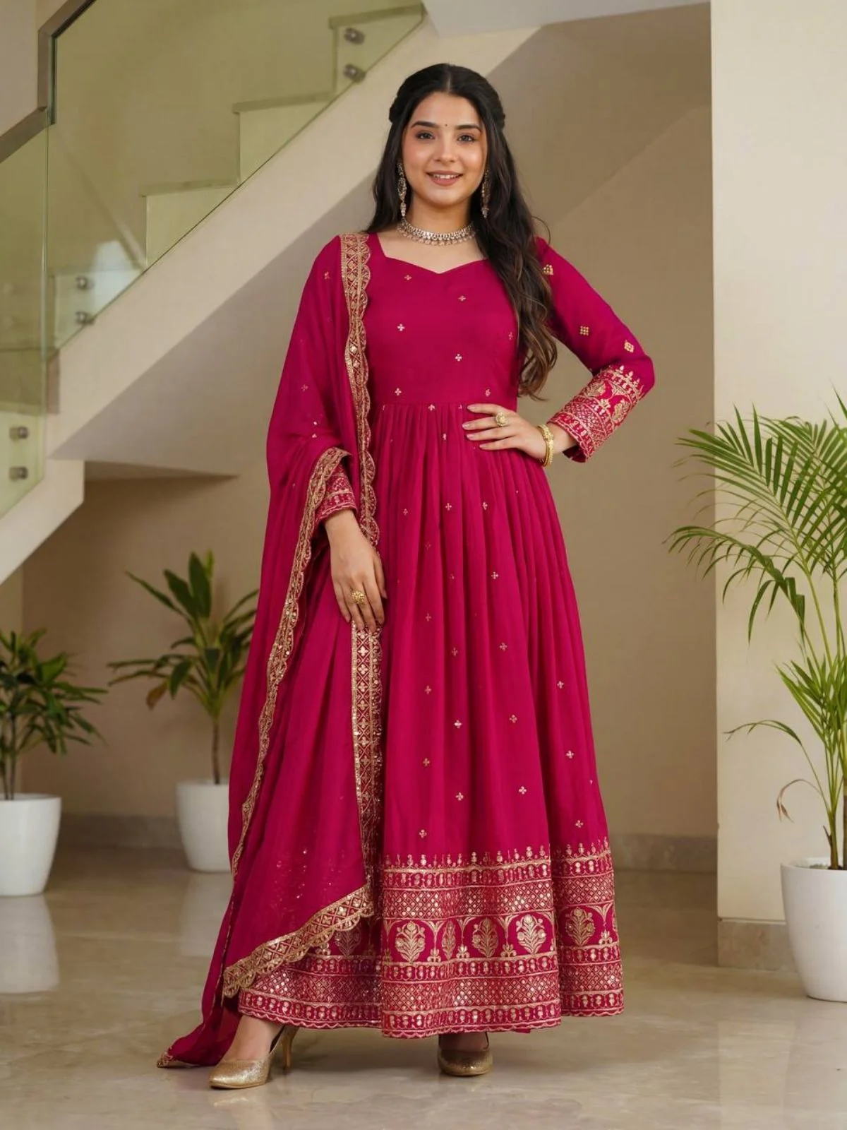 Odette Pink Georgette Solid Stitched Kurta Set For Women