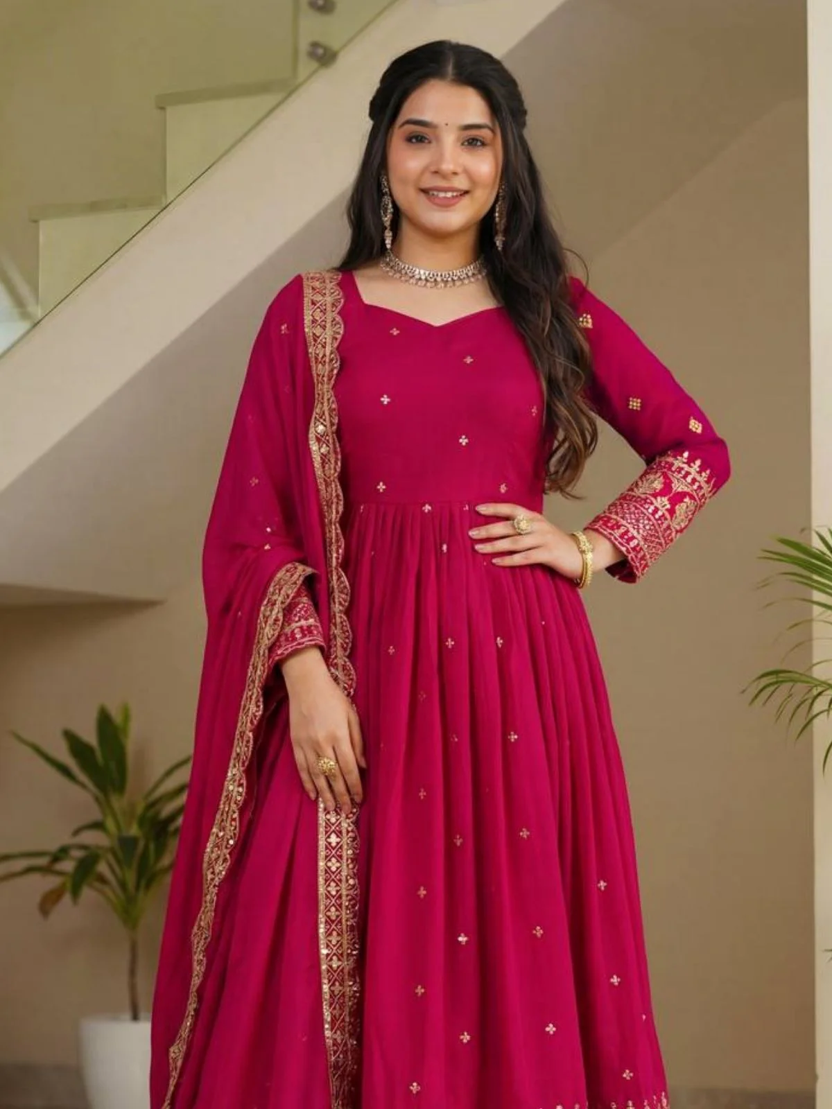 Odette Pink Georgette Solid Stitched Kurta Set For Women - Image 4