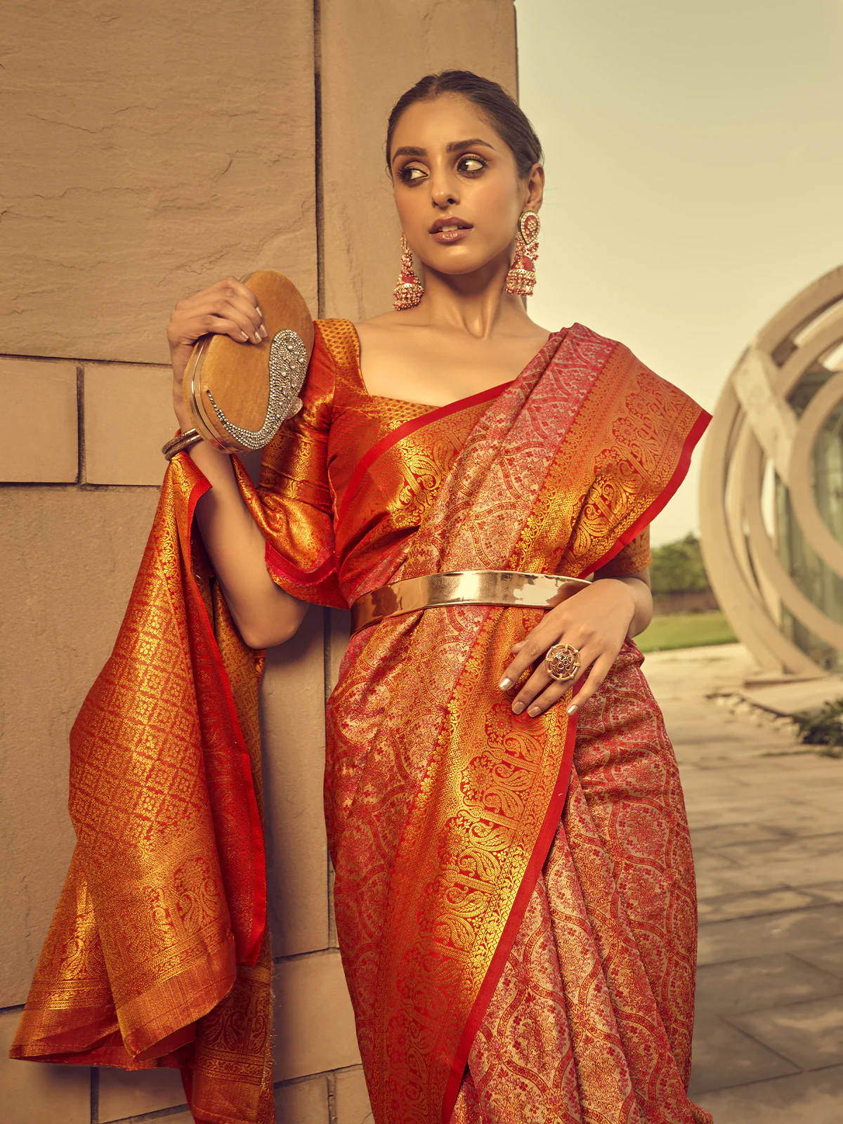 Odette Orange Handloom Woven Silk Blend Saree for Women With Unstitched Blouse - Image 2