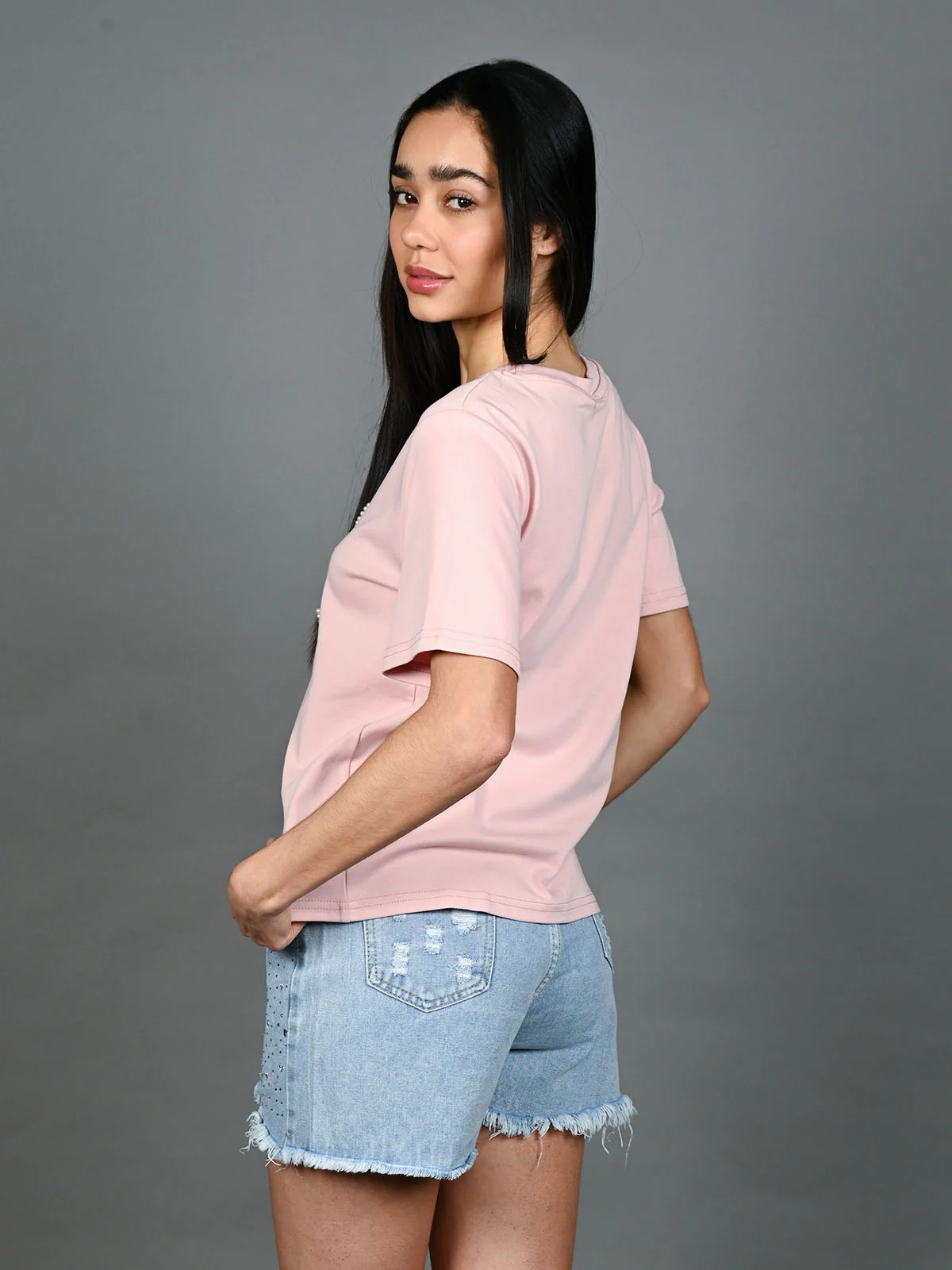 Odette Pink Jersey Cotton Beaded Top For Women - Image 2
