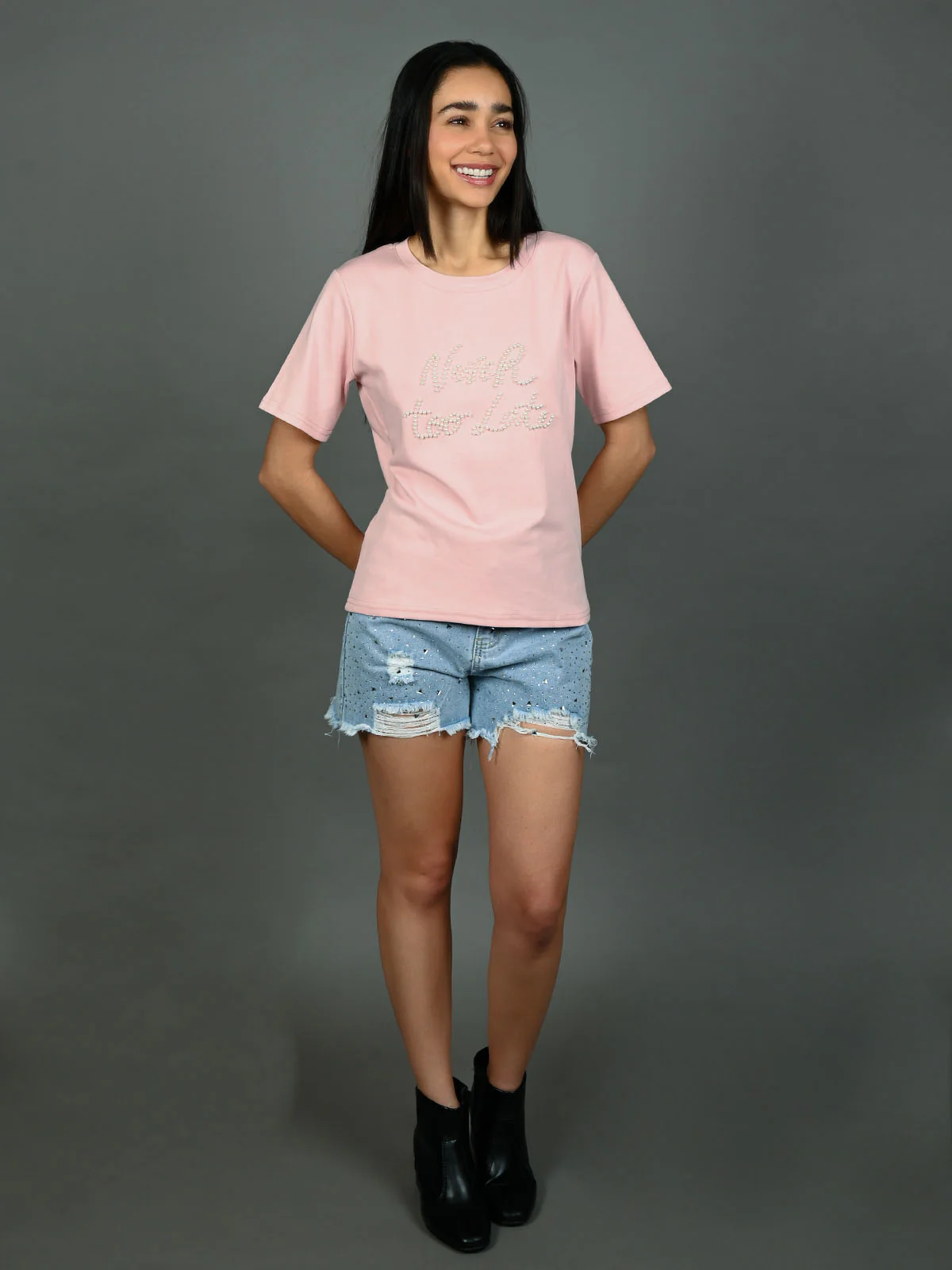 Odette Pink Jersey Cotton Beaded Top For Women - Image 5