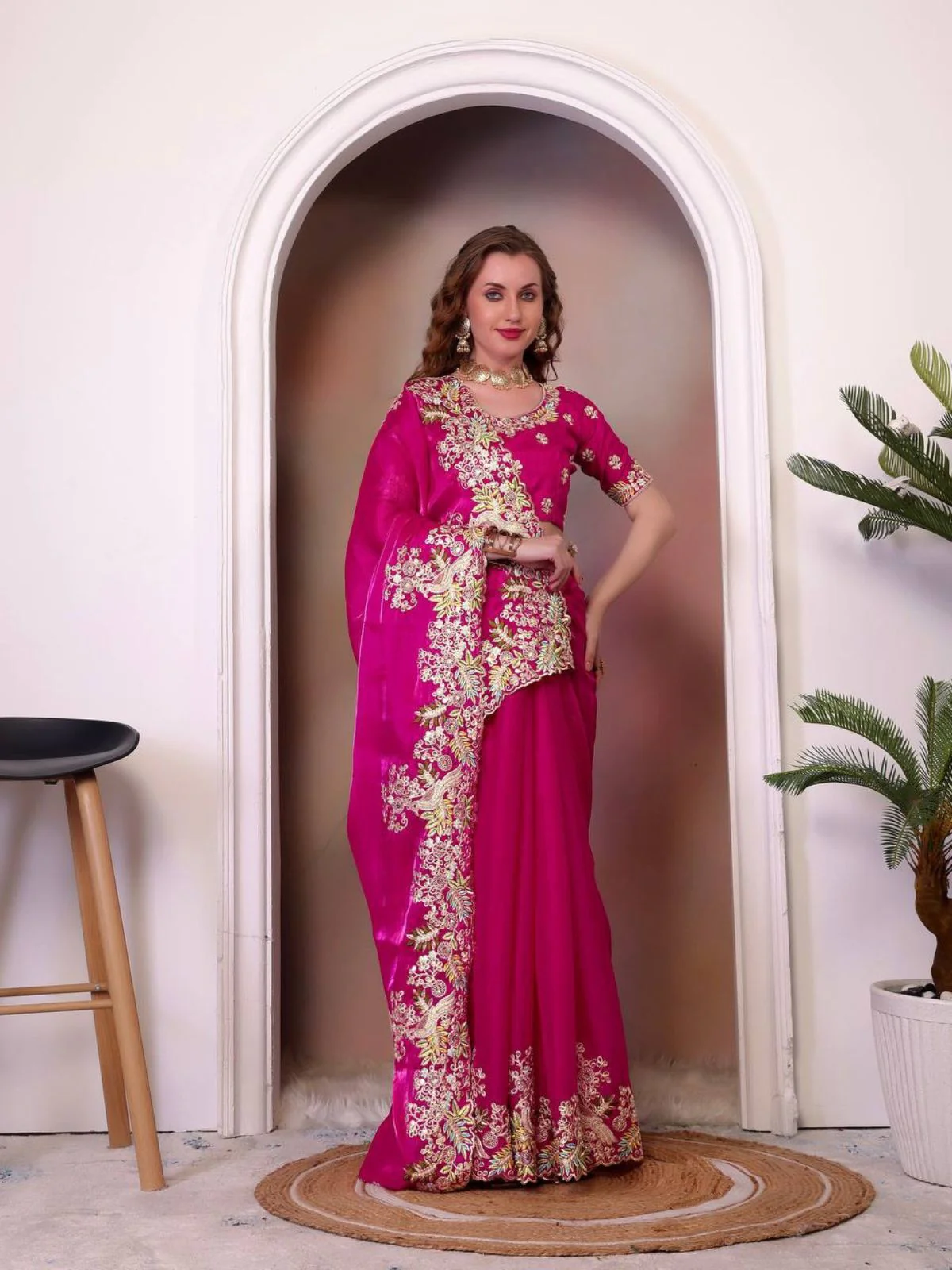 Odette Pink Jimmy Choo Embellished Saree For Women - Image 2