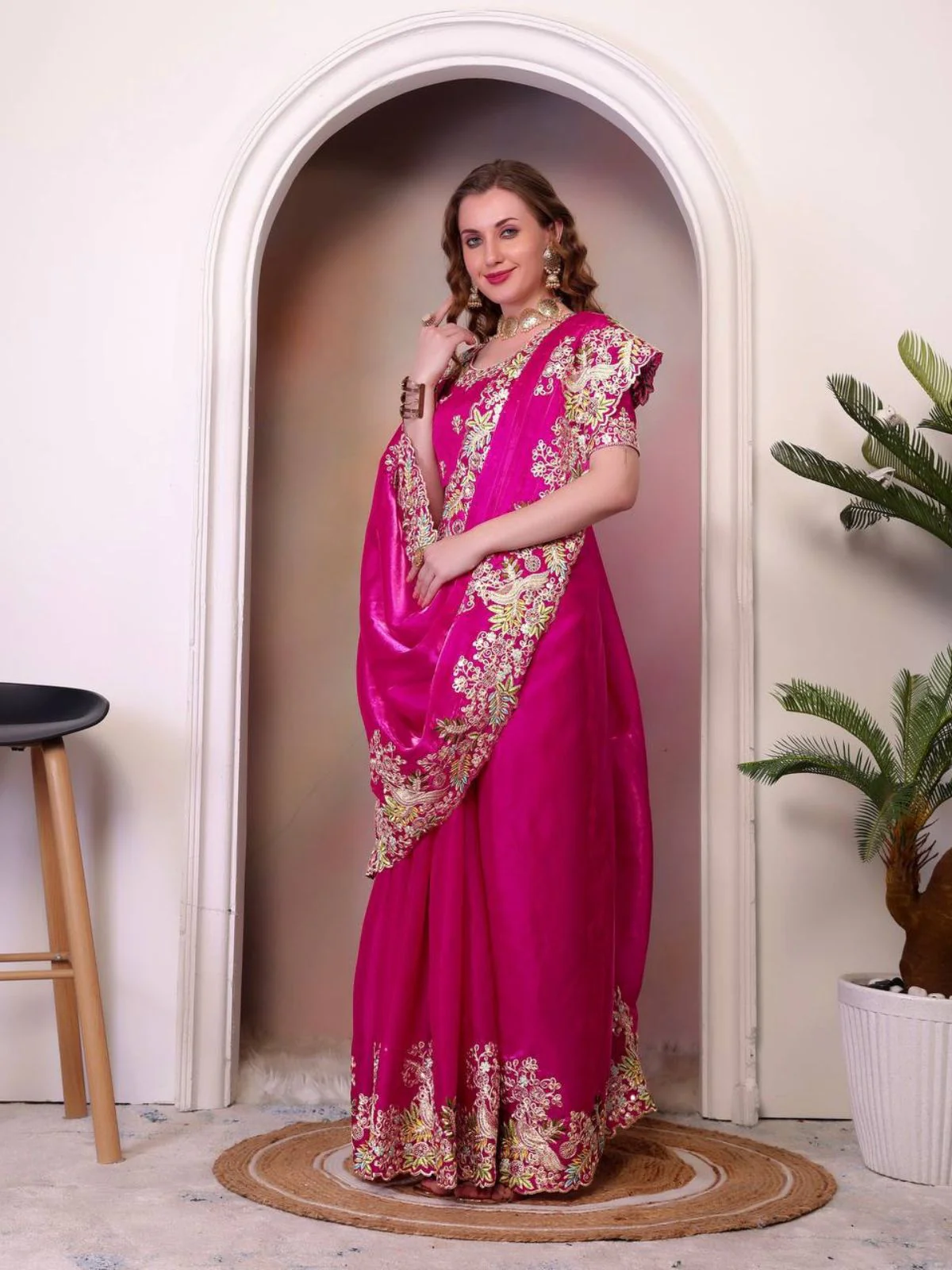 Odette Pink Jimmy Choo Embellished Saree For Women - Image 3