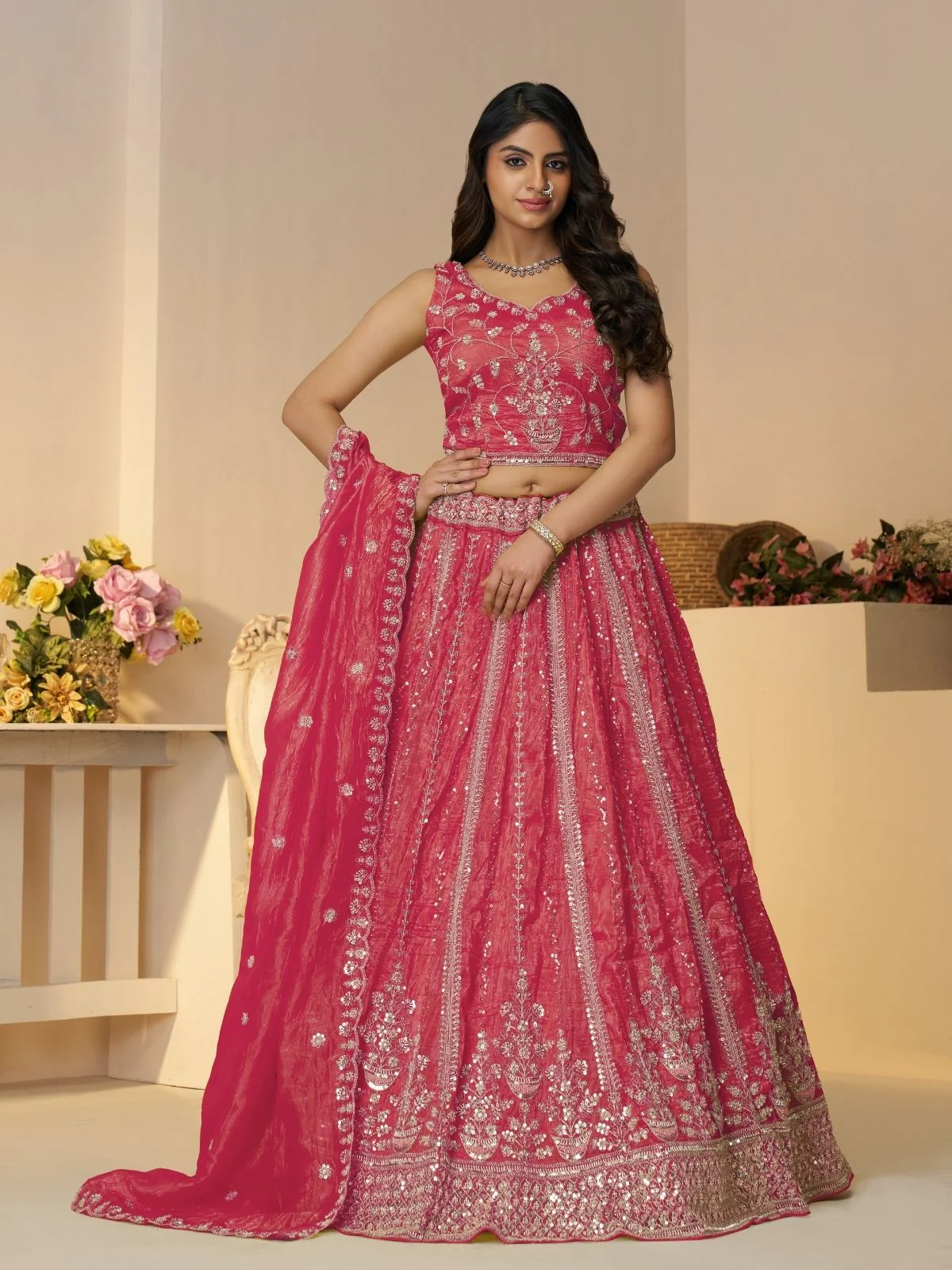 Odette Pink Jimmy Choo Embroidered Semi-Stitched Lehenga For Women