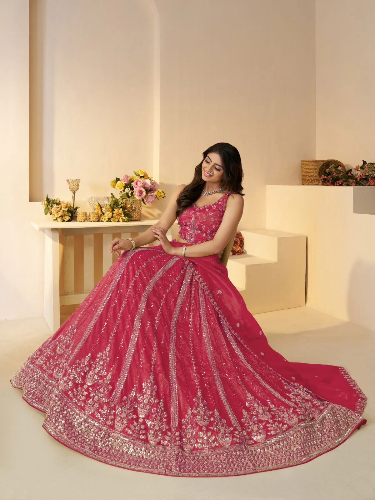 Odette Pink Jimmy Choo Embroidered Semi-Stitched Lehenga For Women - Image 2