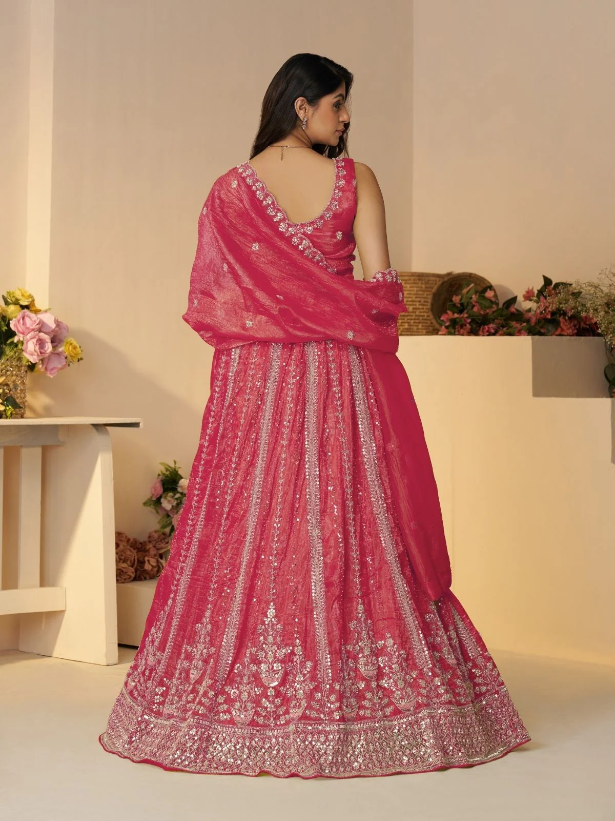 Odette Pink Jimmy Choo Embroidered Semi-Stitched Lehenga For Women - Image 4