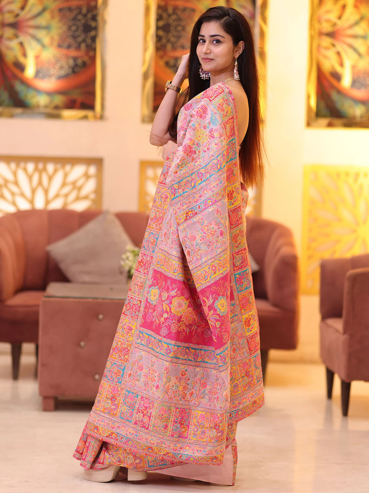 Odette Pink Kashmiri Handloom Woven Saree For Women - Image 2