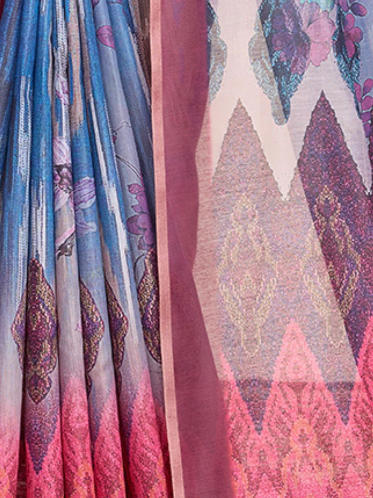 Odette Blue Linen Printed Saree With Unstitched Blouse For Women - Image 4