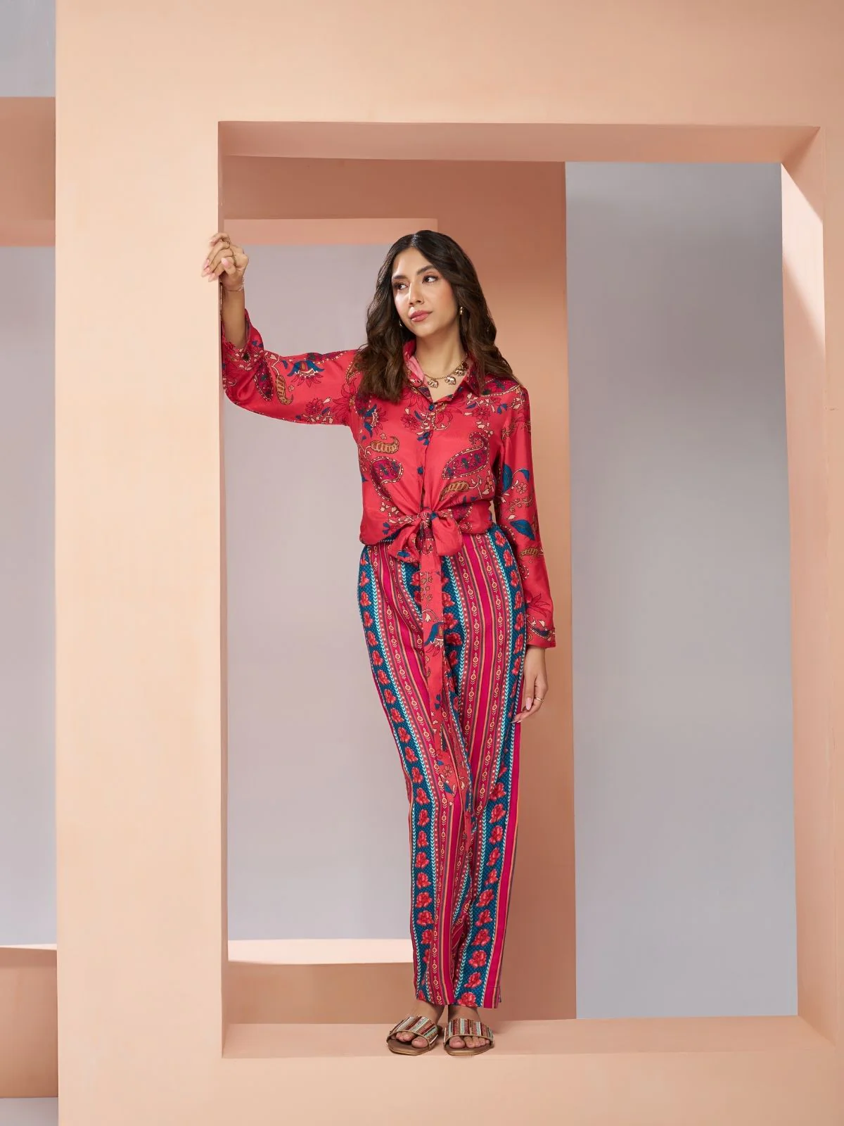 Odette Pink Linen Printed Stitched Co-Ord Set For Women - Image 2