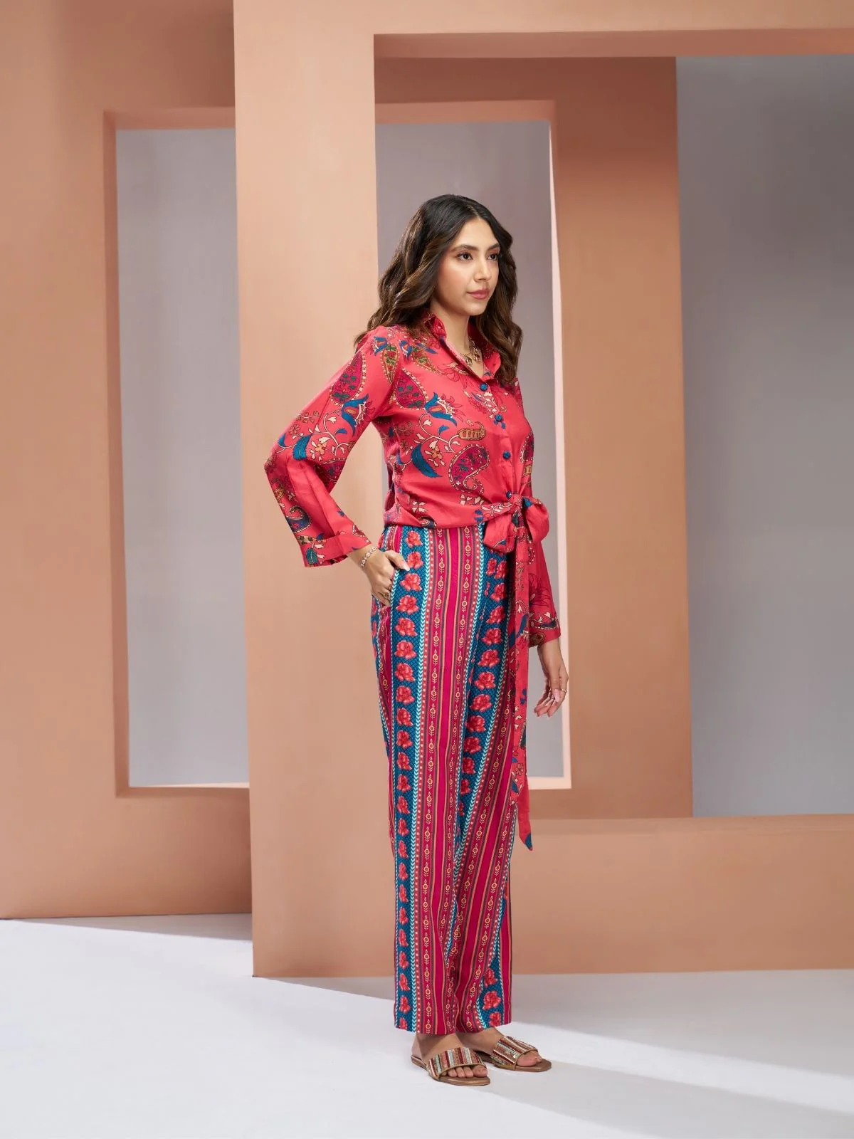 Odette Pink Linen Printed Stitched Co-Ord Set For Women - Image 3