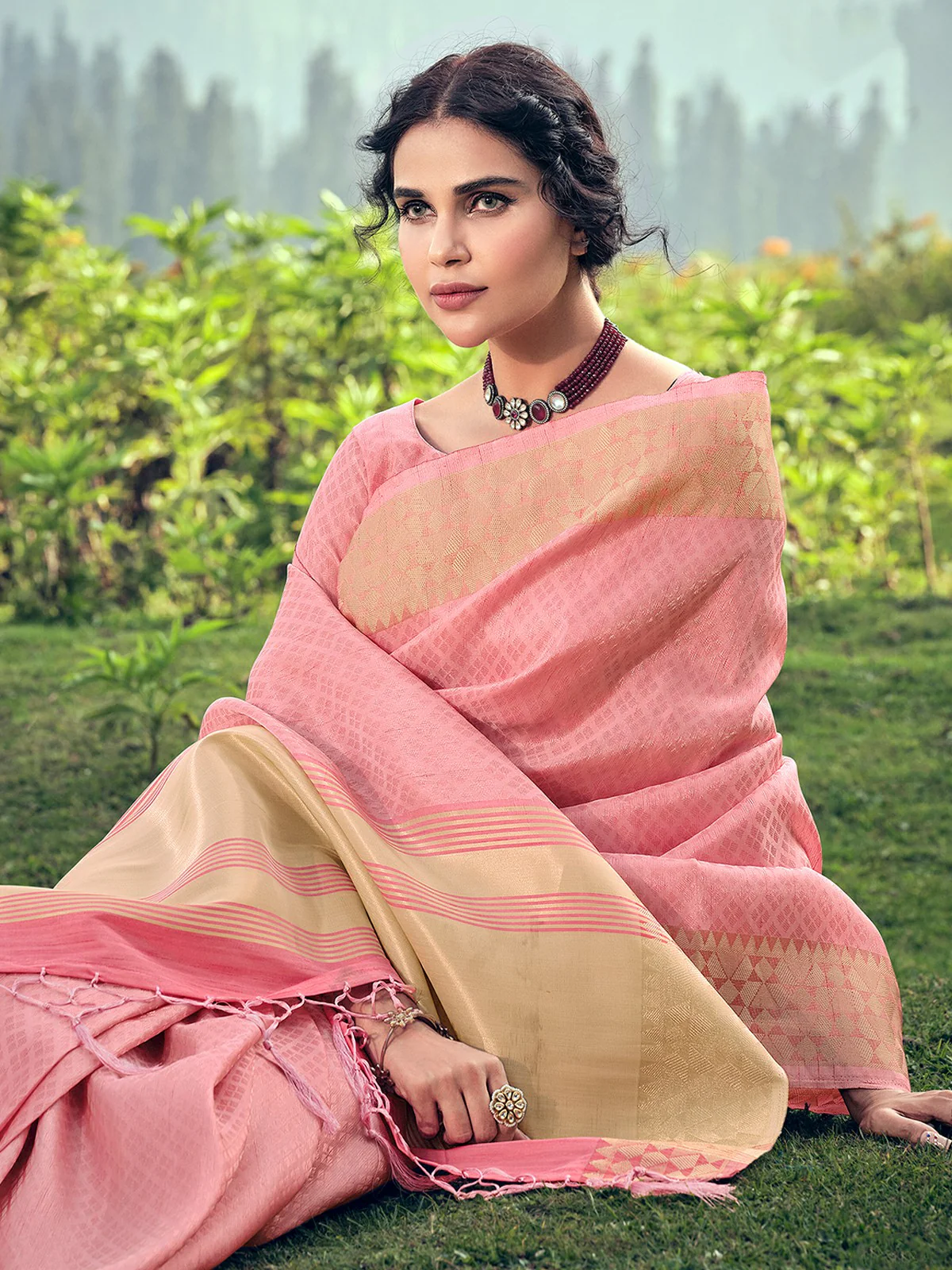 Odette Pink Linen Tissue Saree for Women With Unstitched Blouse - Image 2