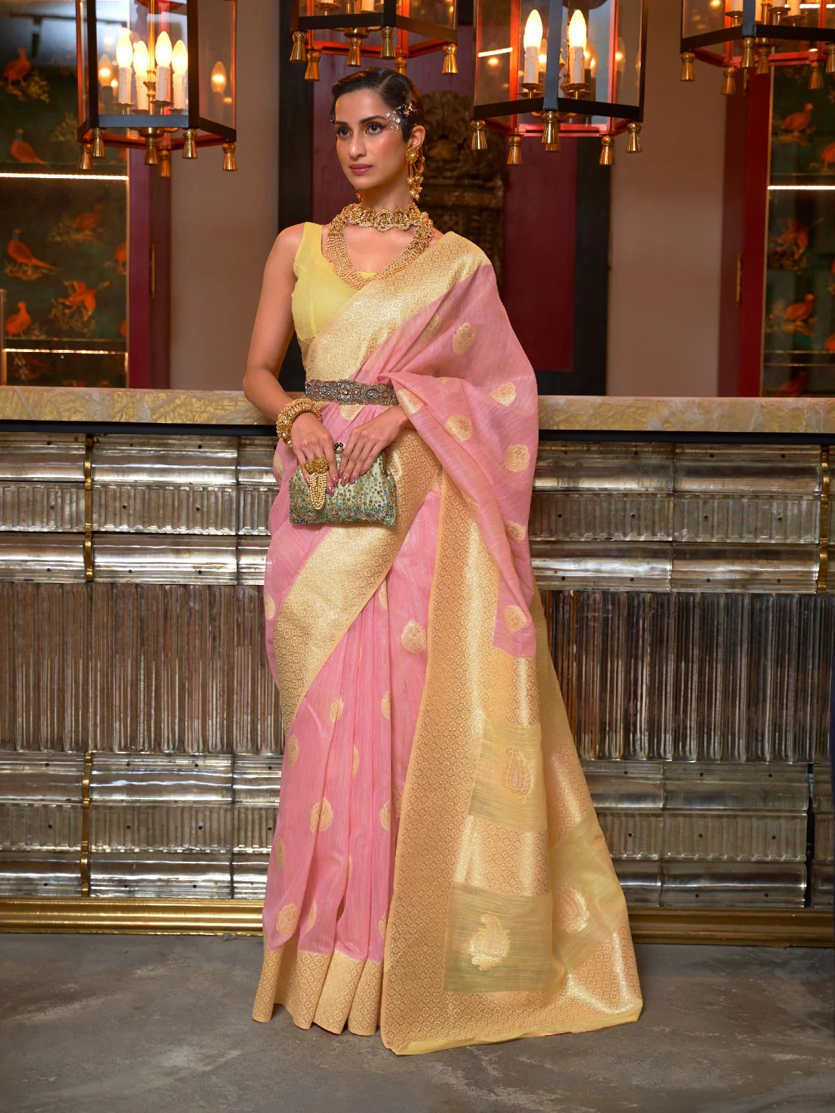 Odette Pink Linen Woven Saree With Unstitched Blouse for Women