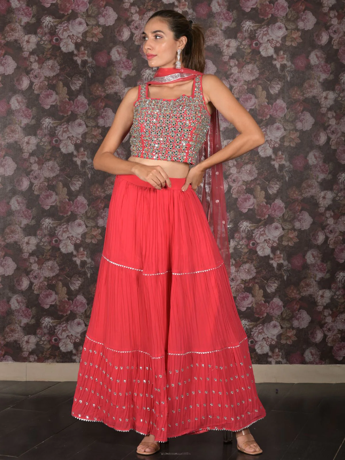 Odette Pink Mirror and Sequins Embroidered Georgette Stitched Lehenga with Stitched Blouse for Women - Image 2