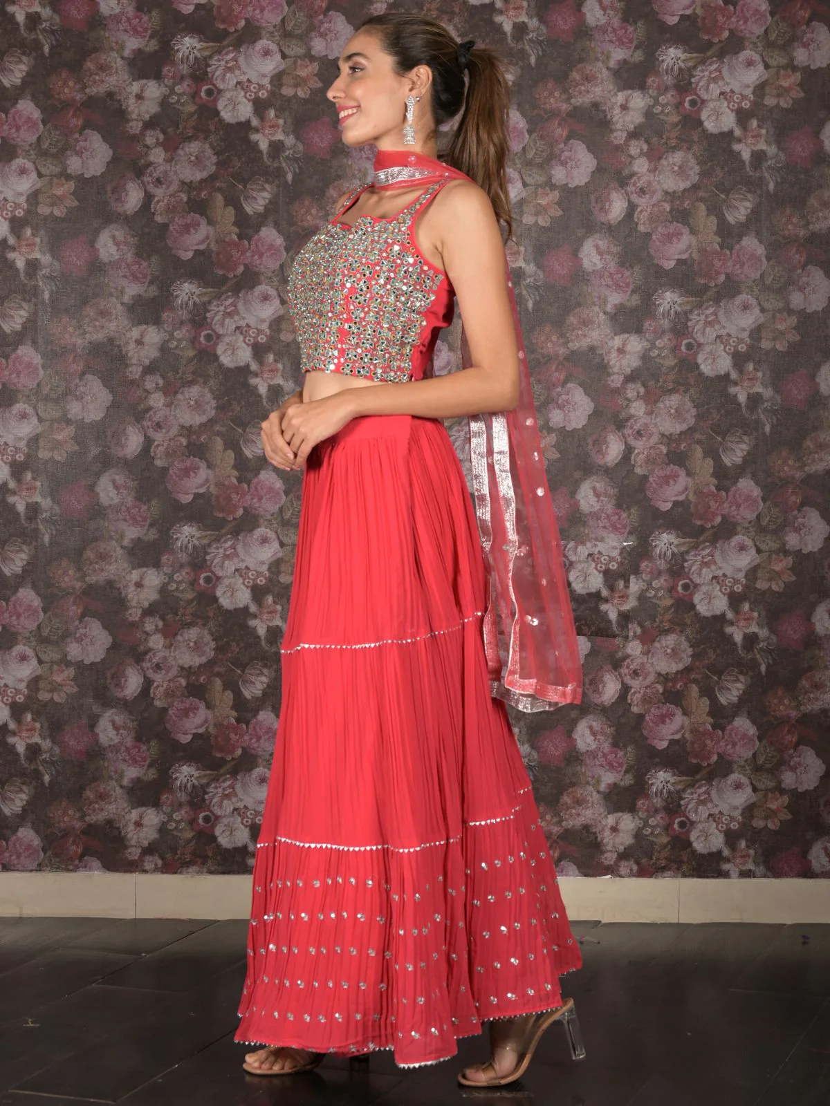 Odette Pink Mirror and Sequins Embroidered Georgette Stitched Lehenga with Stitched Blouse for Women - Image 3