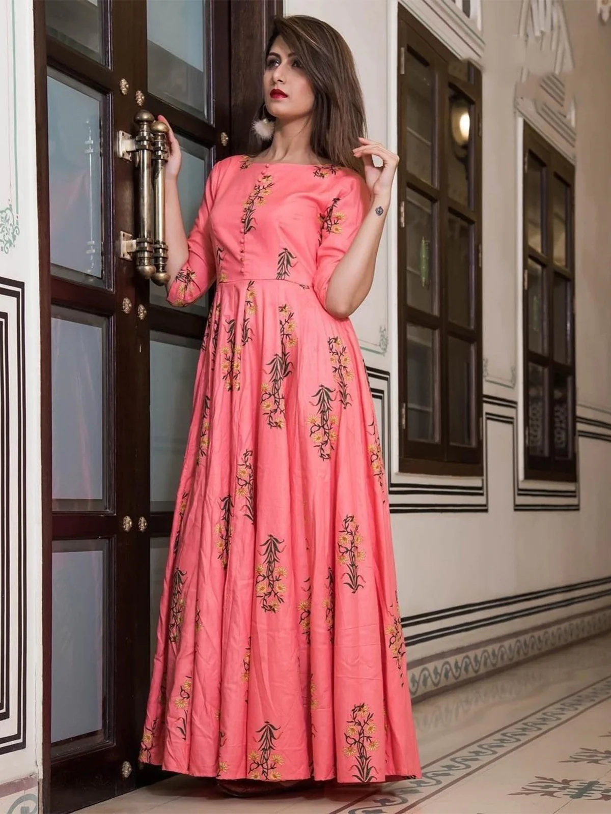 Odette Pink Muslin Printed Stitched Gown for Women - Image 2