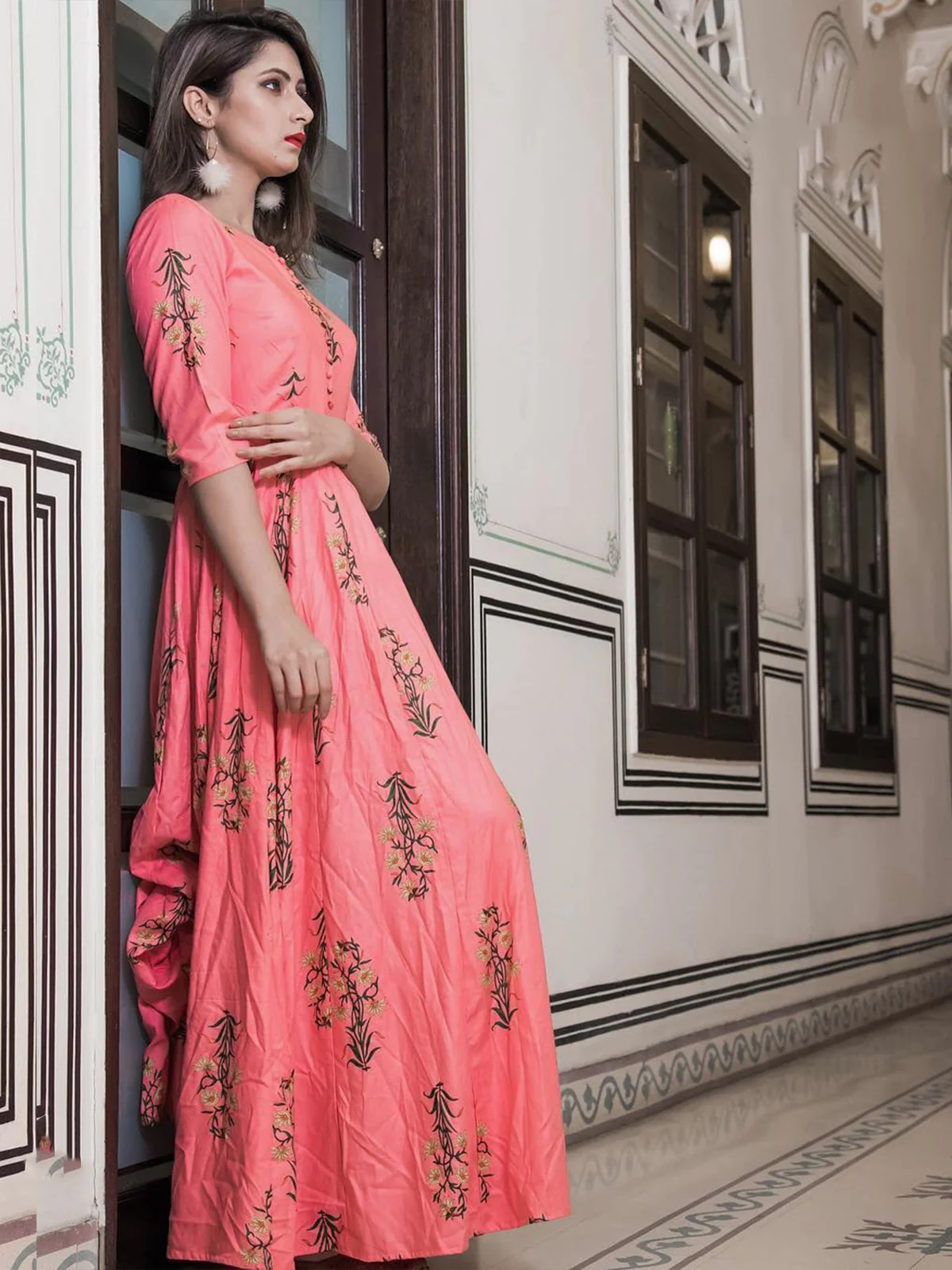 Odette Pink Muslin Printed Stitched Gown for Women - Image 3