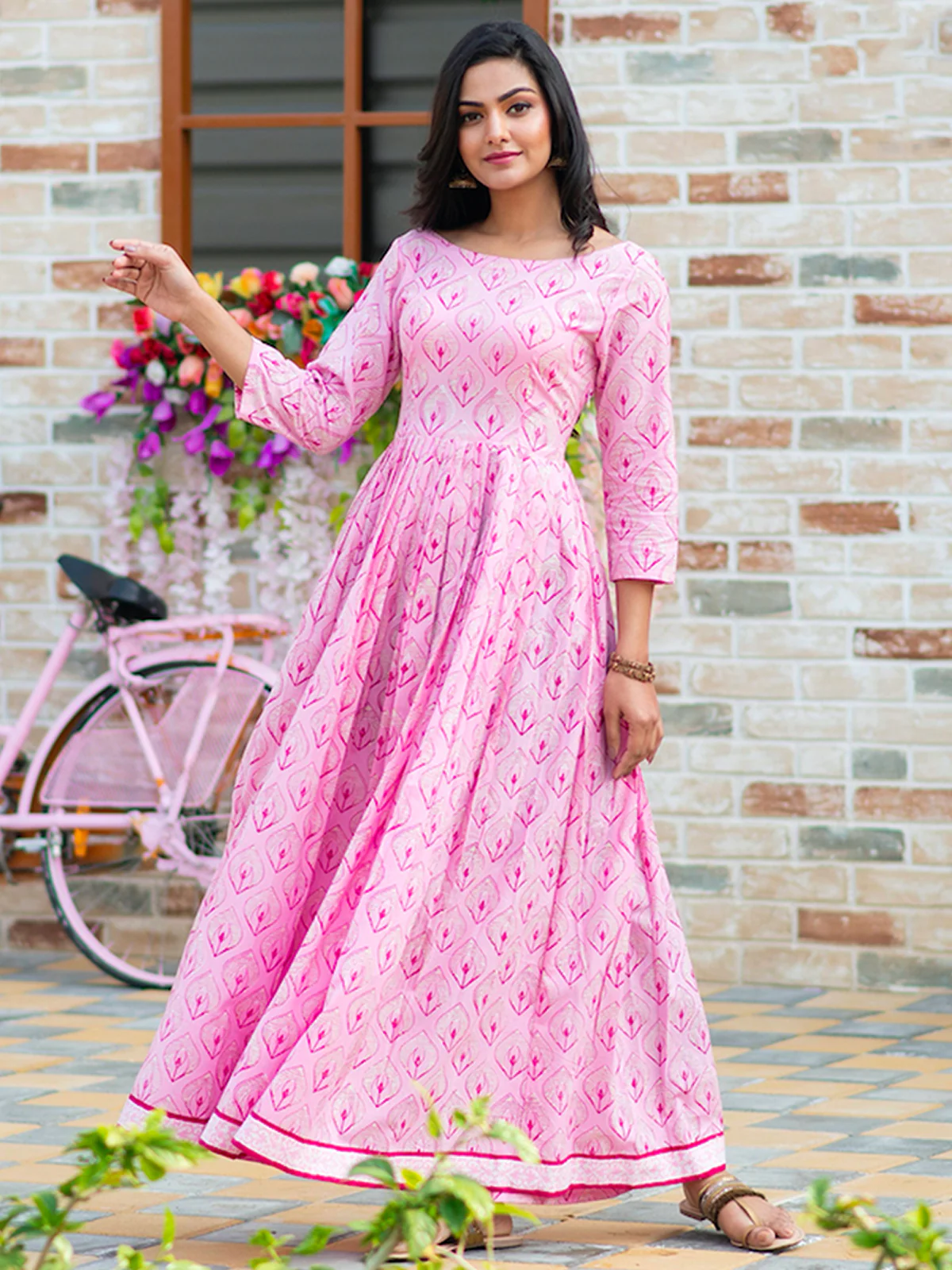 Odette Pink Muslin Printed Stitched Gown for Women - Image 2