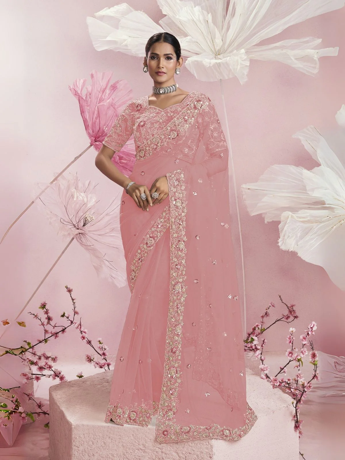 Odette Pink Net Embellished Elegant Saree For Women