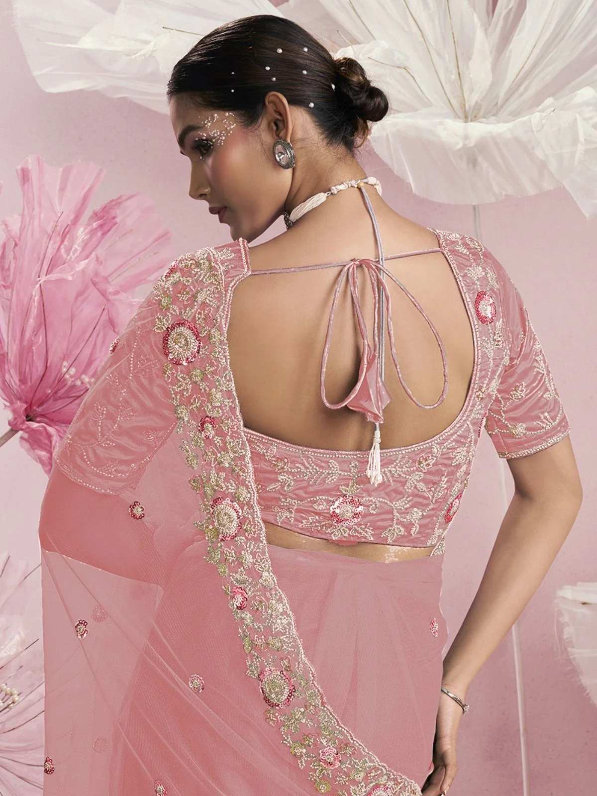 Odette Pink Net Embellished Elegant Saree For Women - Image 3