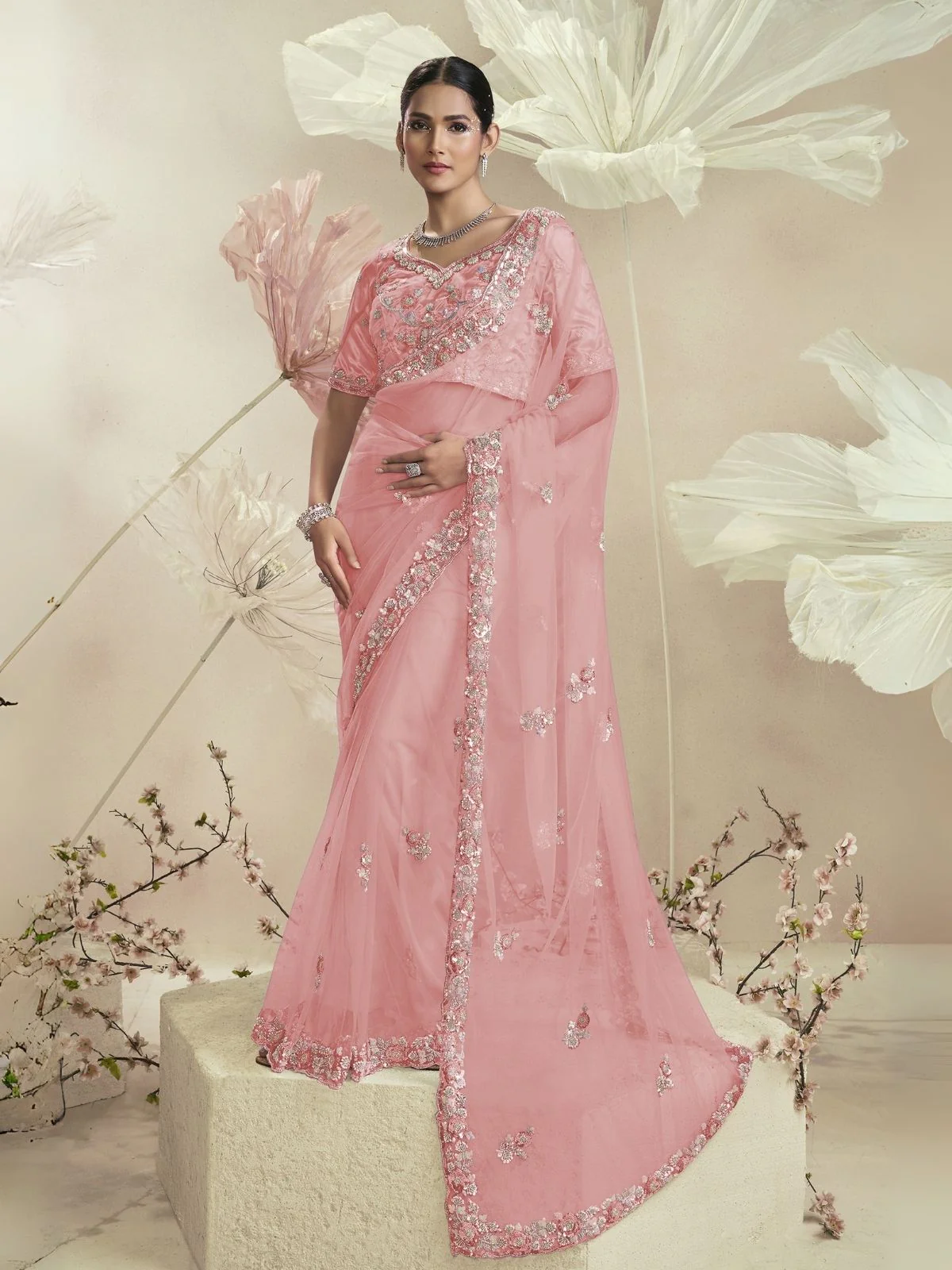 Odette Pink Net Embellished Elegant Saree For Women