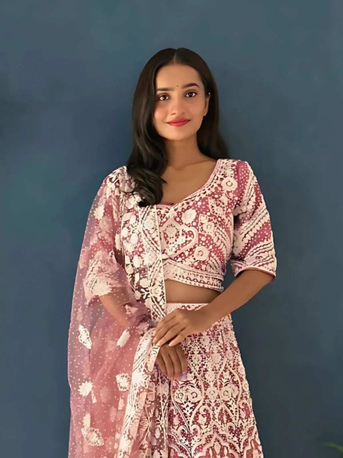Odette Pink Net Embellished Semi-Stitched lehenga For Women - Image 2