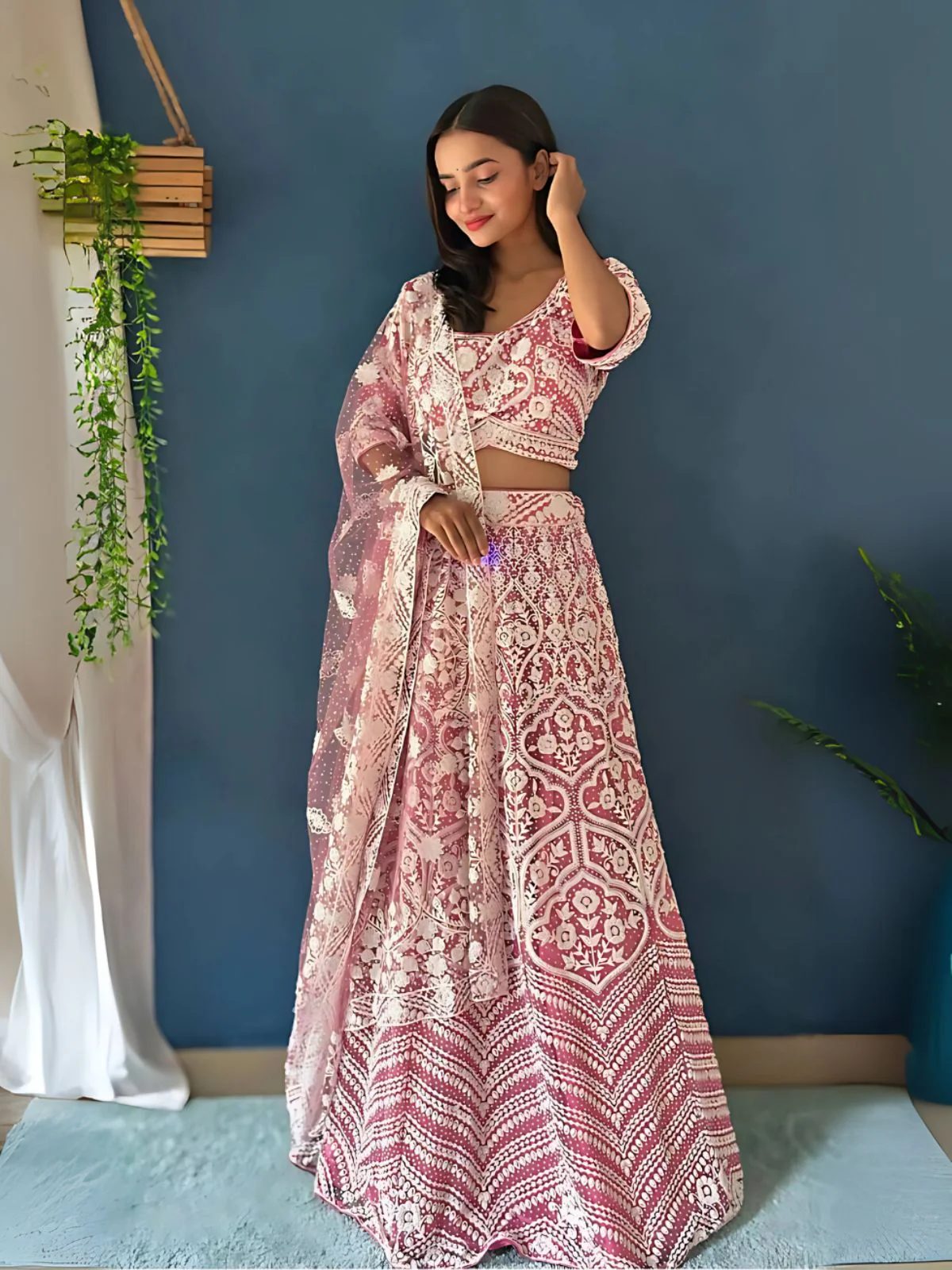 Odette Pink Net Embellished Semi-Stitched lehenga For Women - Image 3