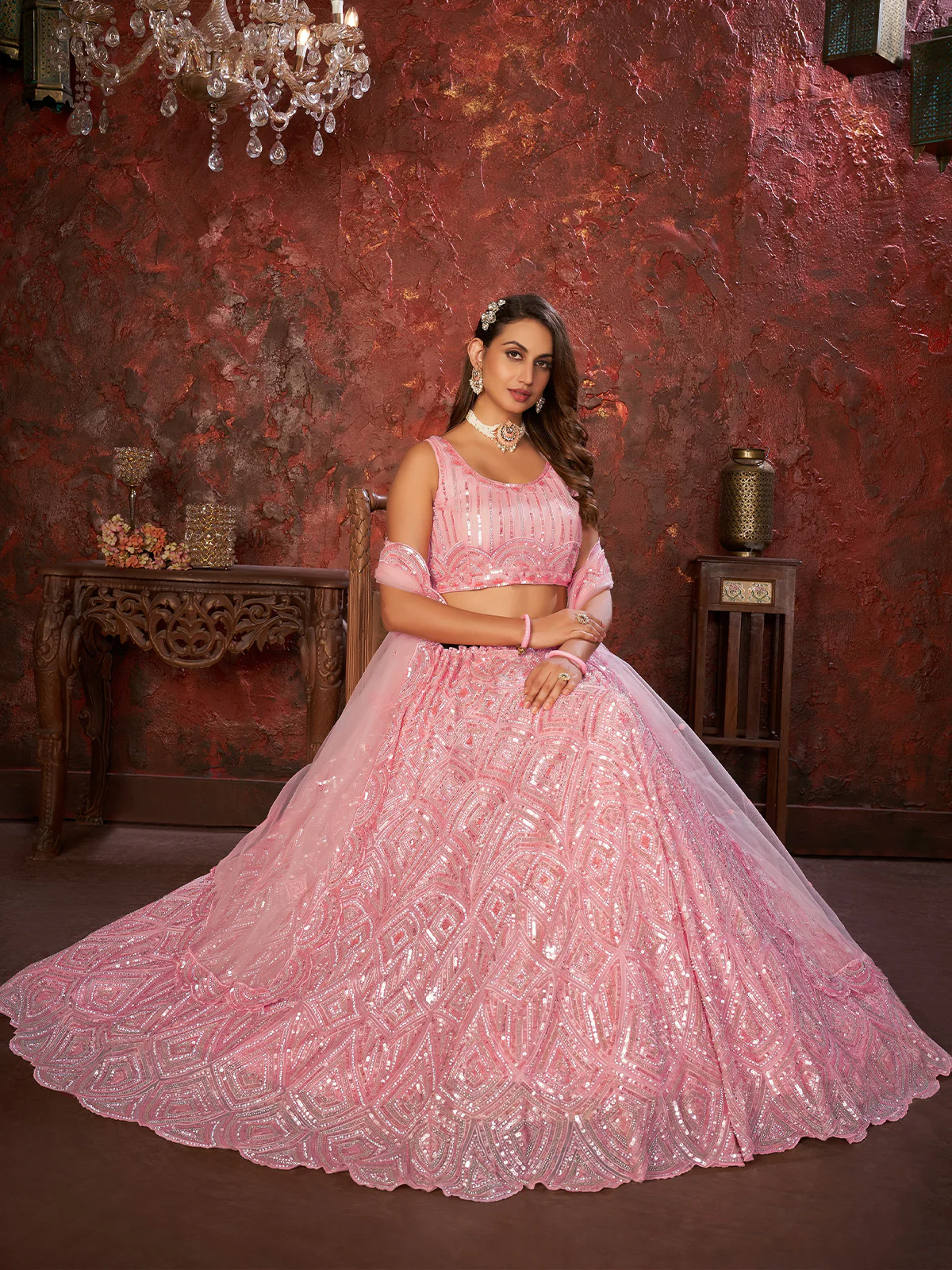 Odette Pink Net Embellished Semi Stitched Lehenga With Unstitched Blouse for Women - Image 2