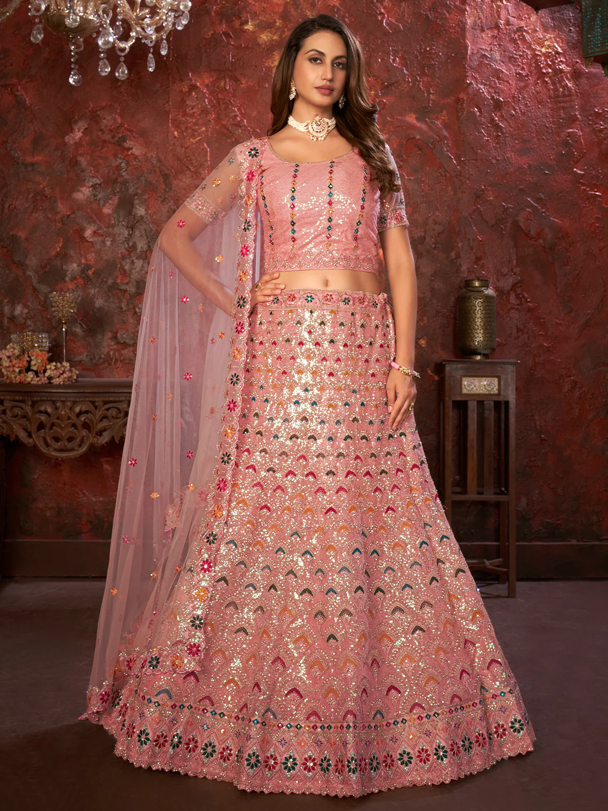 Odette Pink Net Embellished Semi Stitched Lehenga With Unstitched Blouse for Women - Image 2