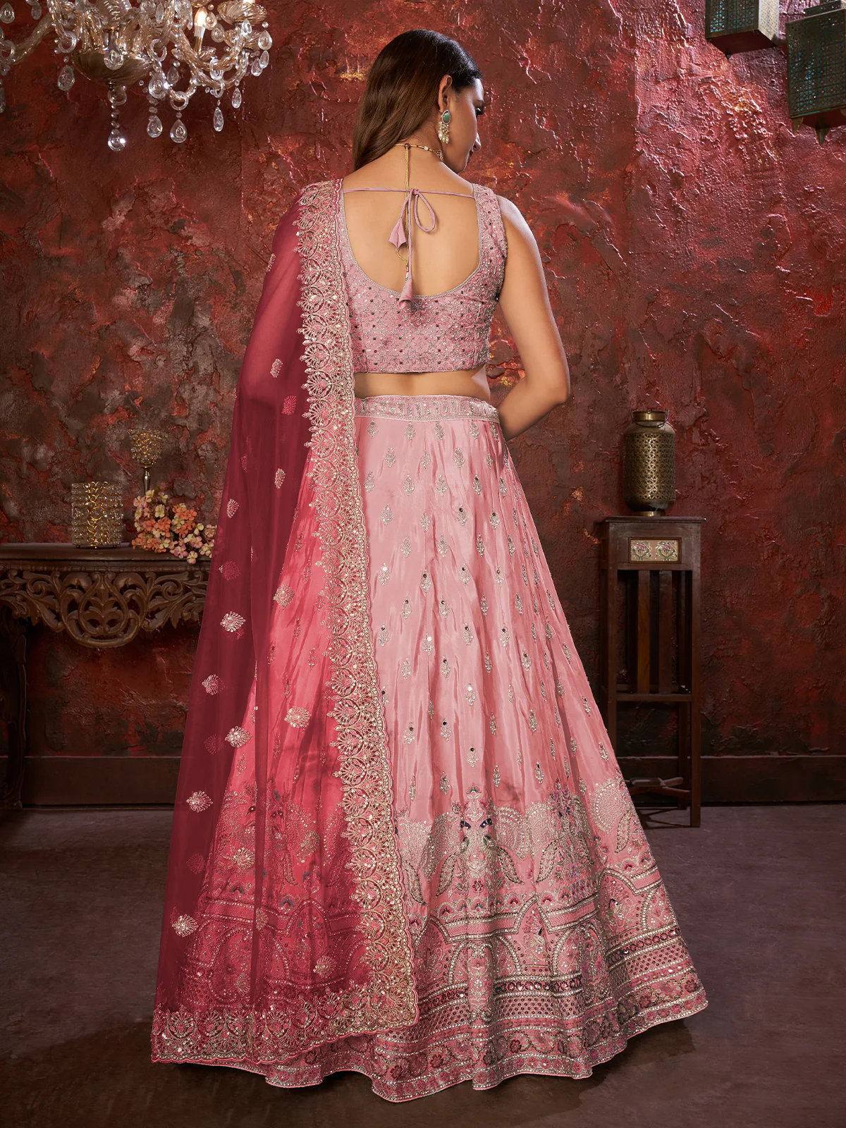 Odette Pink Net Embellished Semi Stitched Lehenga With Unstitched Blouse for Women - Image 3