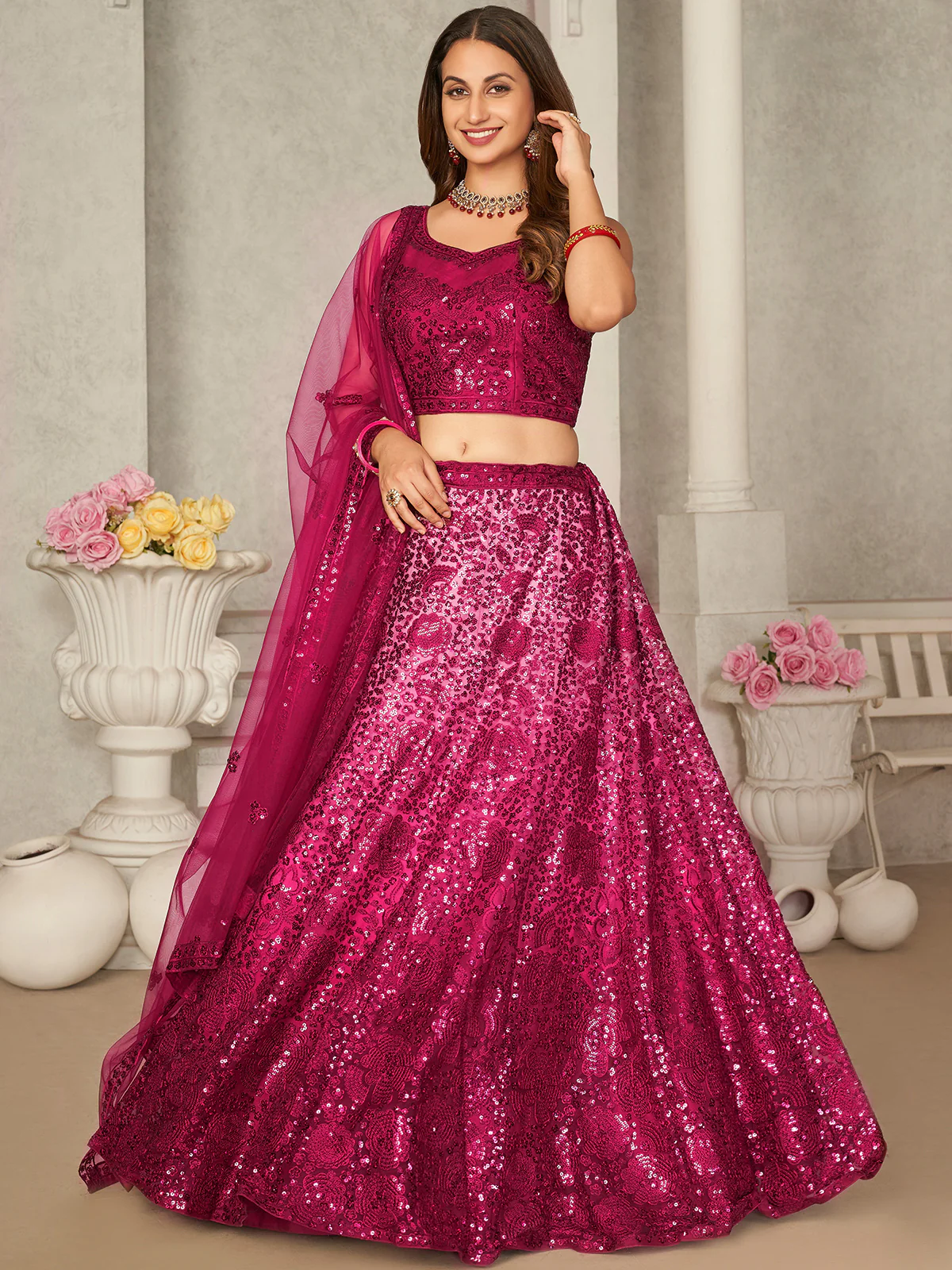 Odette Pink Net Embellished Semi Stitched Lehenga With Unstitched Blouse for Women - Image 2