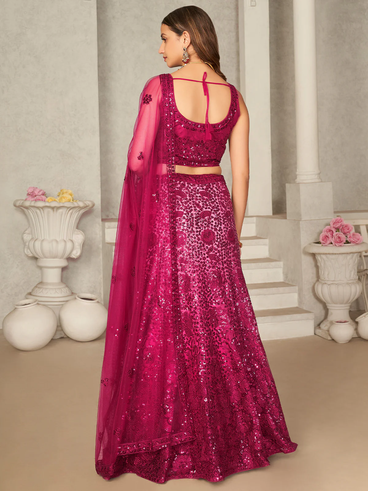 Odette Pink Net Embellished Semi Stitched Lehenga With Unstitched Blouse for Women - Image 3