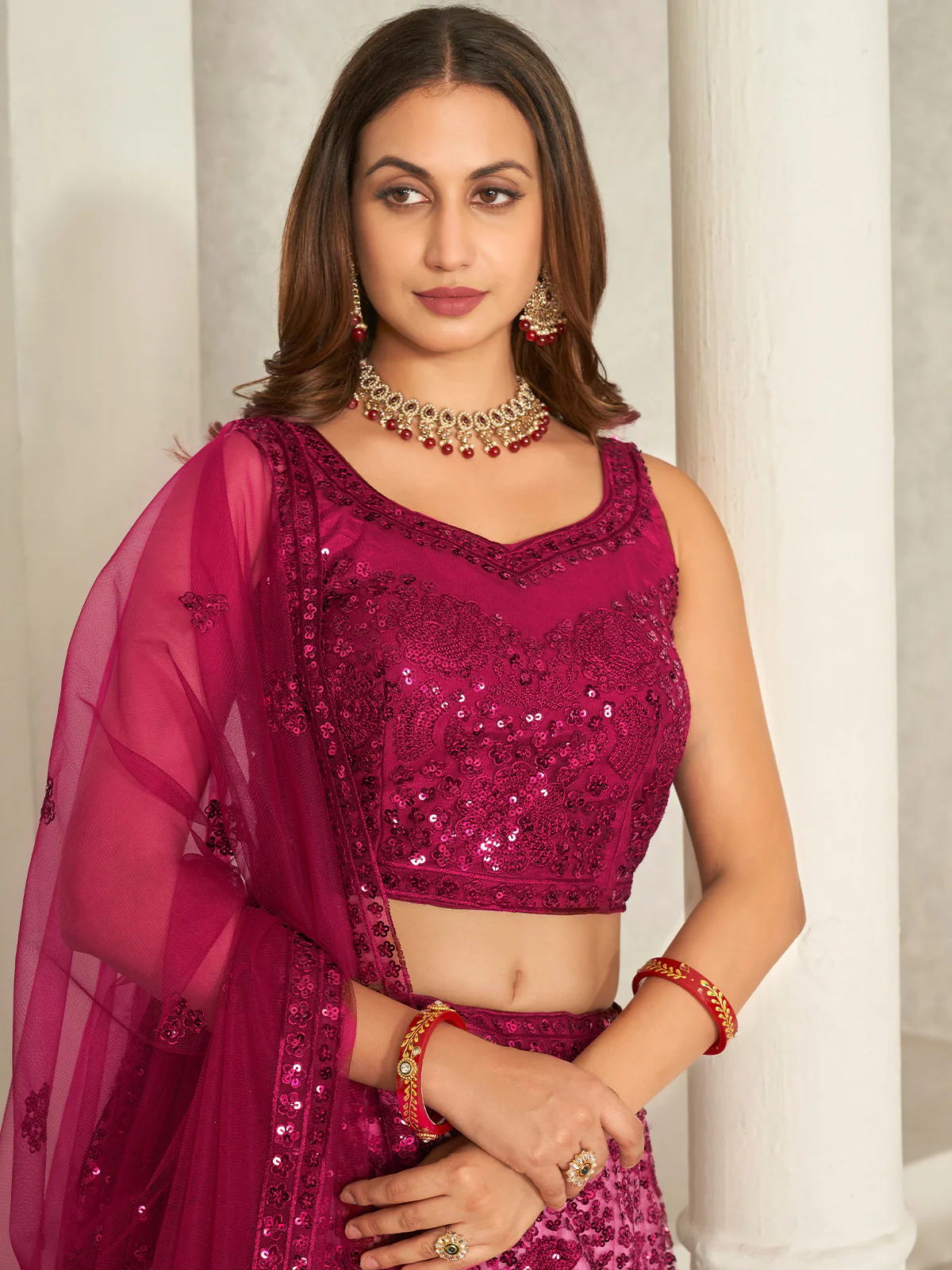 Odette Pink Net Embellished Semi Stitched Lehenga With Unstitched Blouse for Women - Image 4