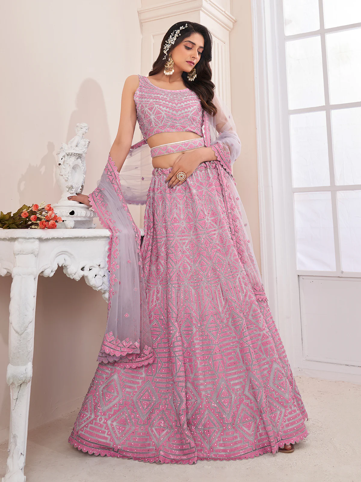 Odette Pink Net Embellished Semi Stitched Lehenga With Unstitched Blouse for Women - Image 2