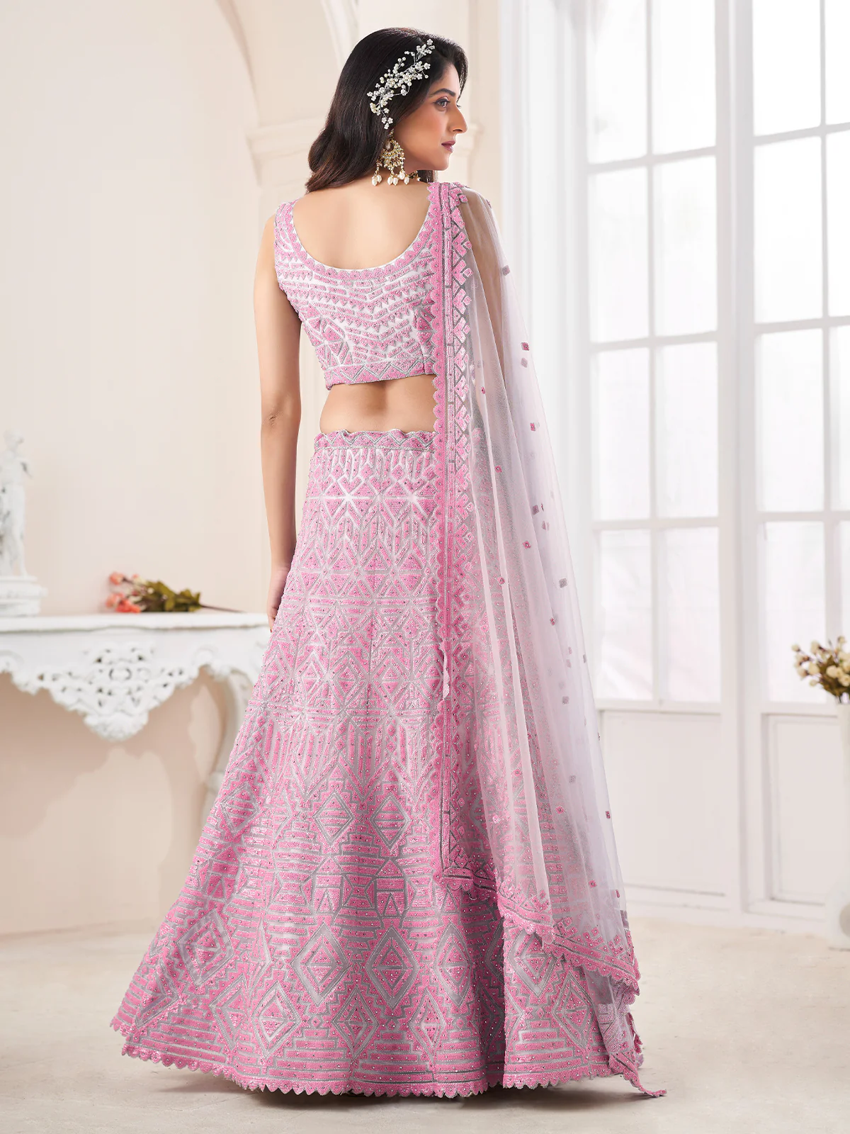Odette Pink Net Embellished Semi Stitched Lehenga With Unstitched Blouse for Women - Image 3