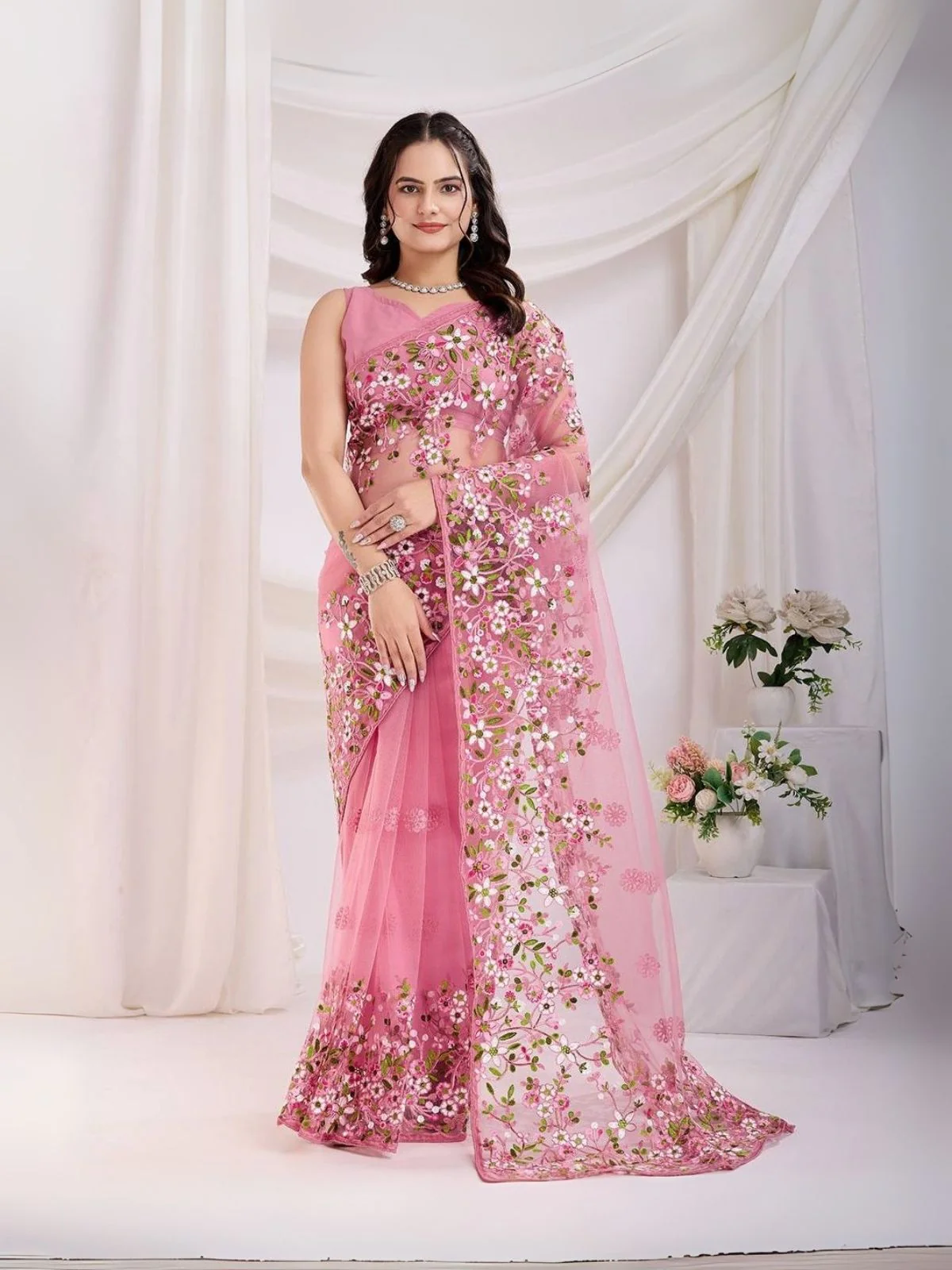 Odette Pink Net Embroidered Elegant Saree For Women