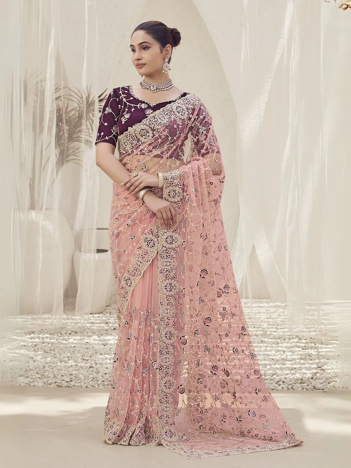Odette Pink Net Embroidered Elegant Saree For Women