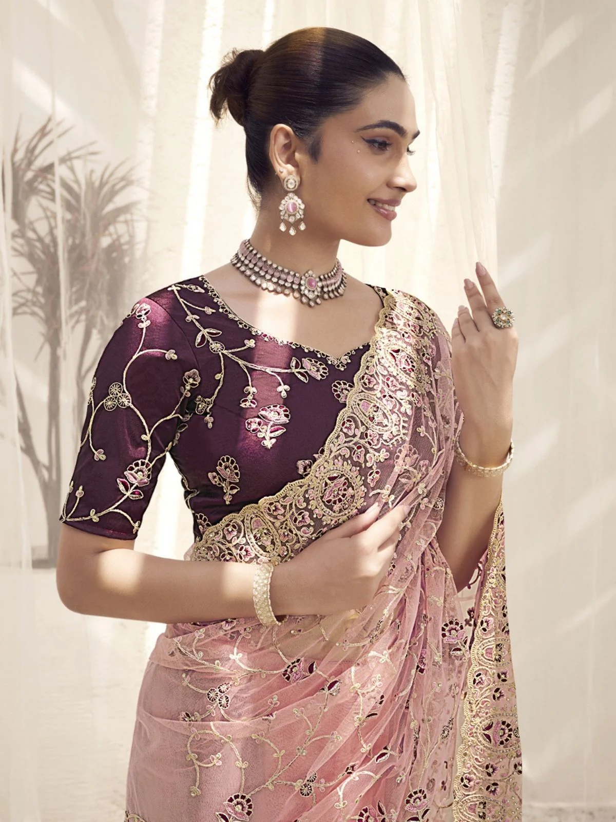 Odette Pink Net Embroidered Elegant Saree For Women - Image 2
