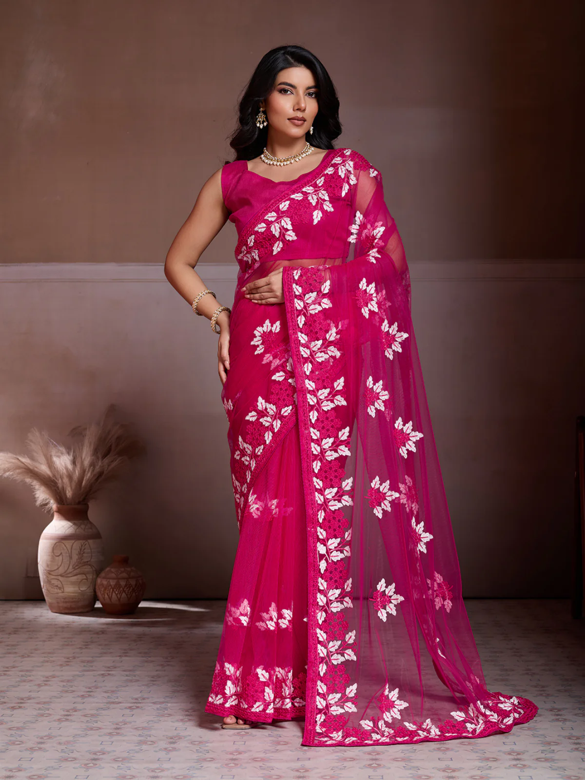 Odette Pink Net Embroidered Saree For Women