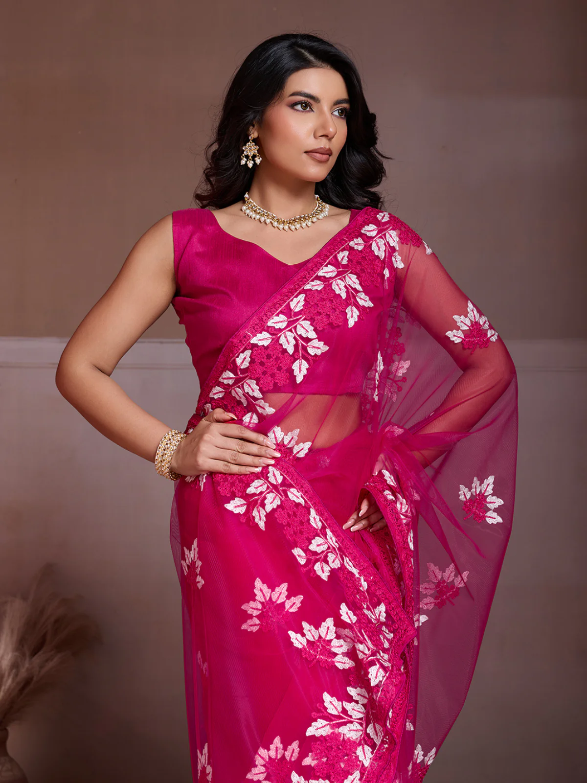 Odette Pink Net Embroidered Saree For Women - Image 4