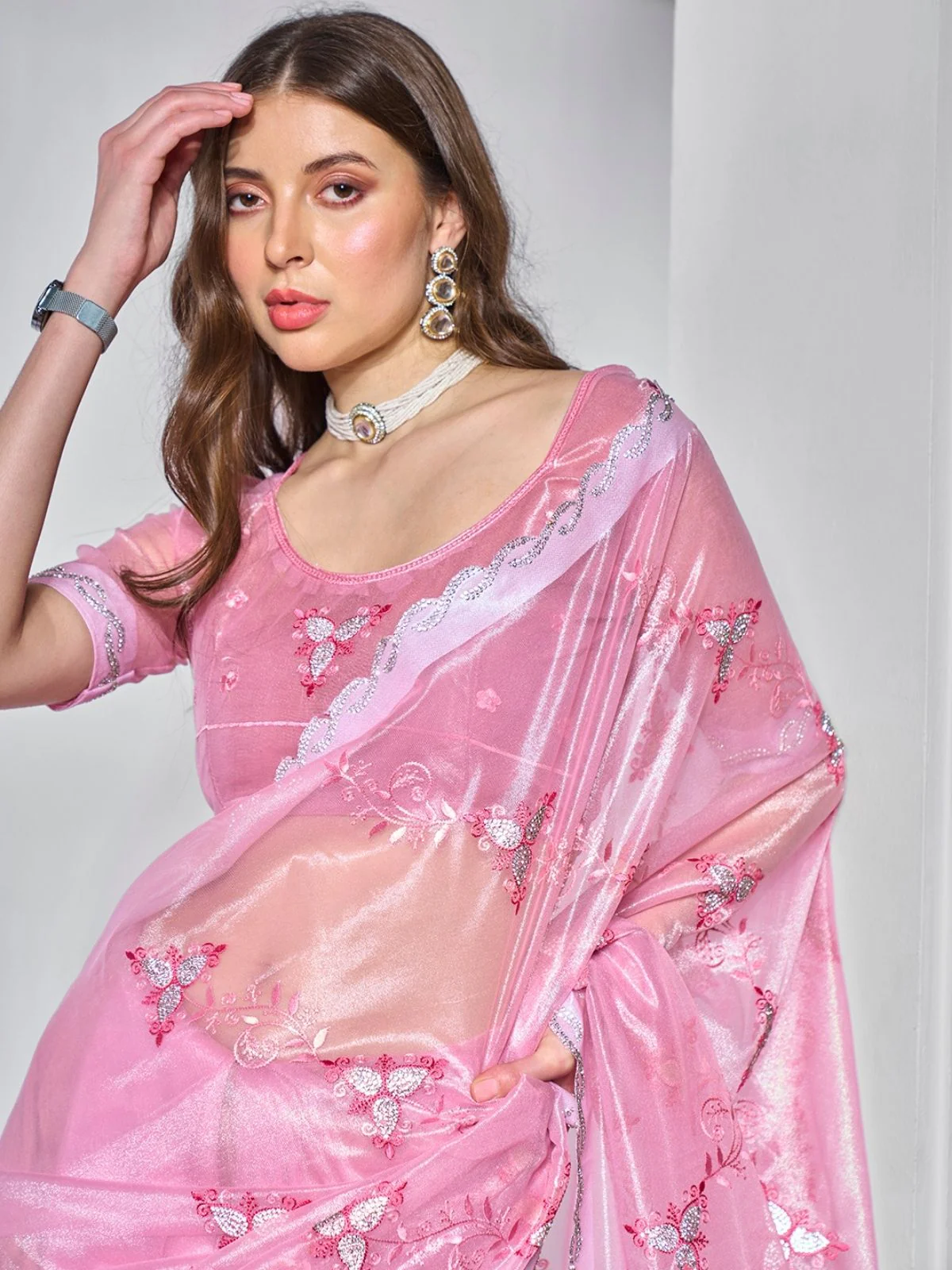 Odette Pink Net Embroidered Saree With Unstitched Blouse For Women - Image 3