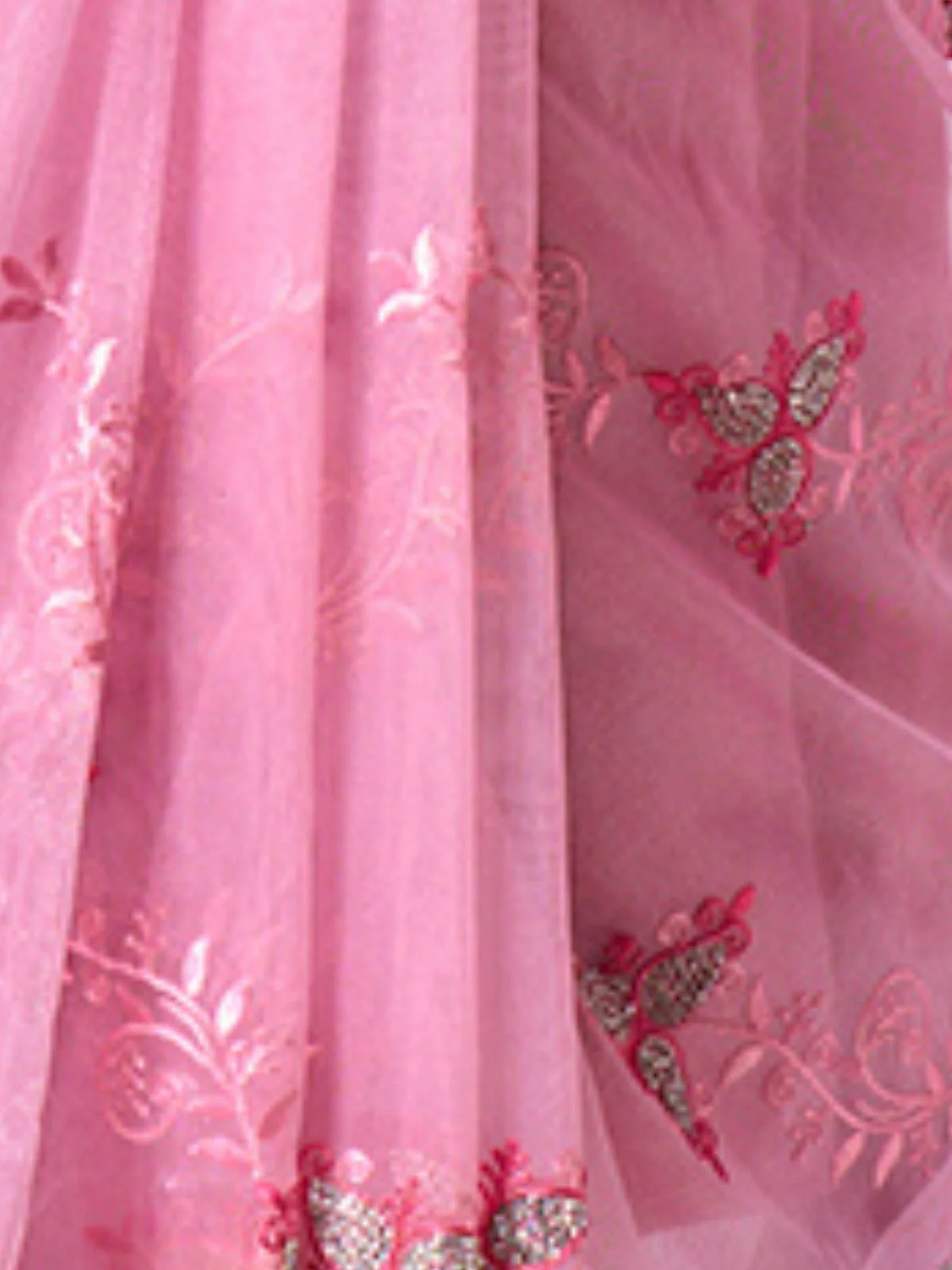 Odette Pink Net Embroidered Saree With Unstitched Blouse For Women - Image 5