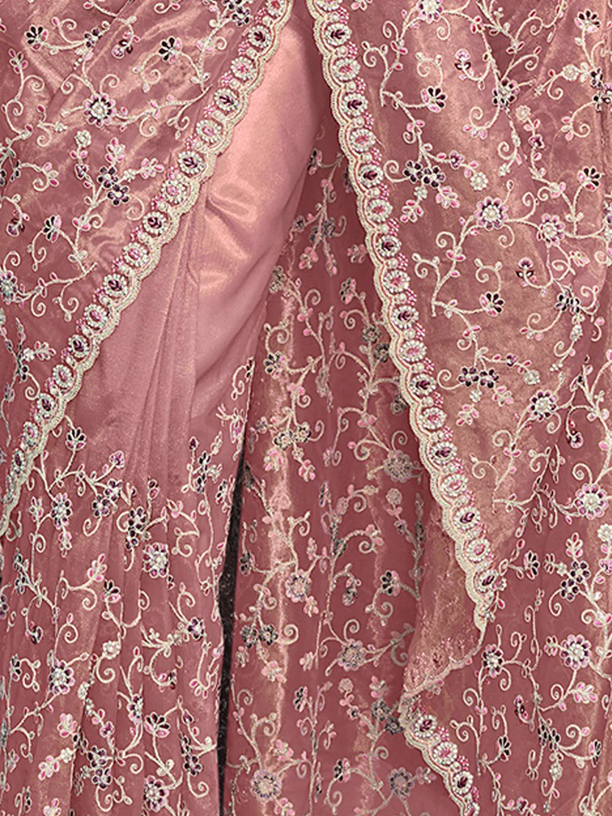 Odette Pink Net Embroidered Saree With Unstitched Blouse For Women - Image 4
