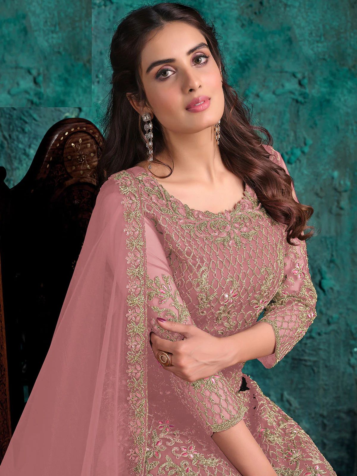 Odette Pink Net Embroidered Semi Stitched Kurta Set For Women - Image 2