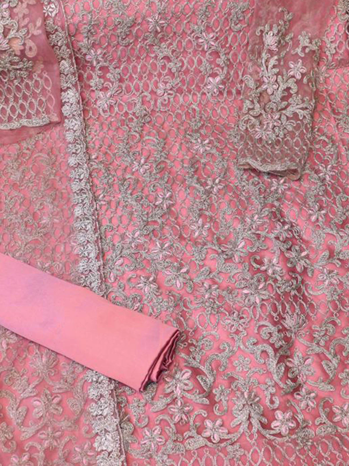 Odette Pink Net Embroidered Semi Stitched Kurta Set For Women - Image 3
