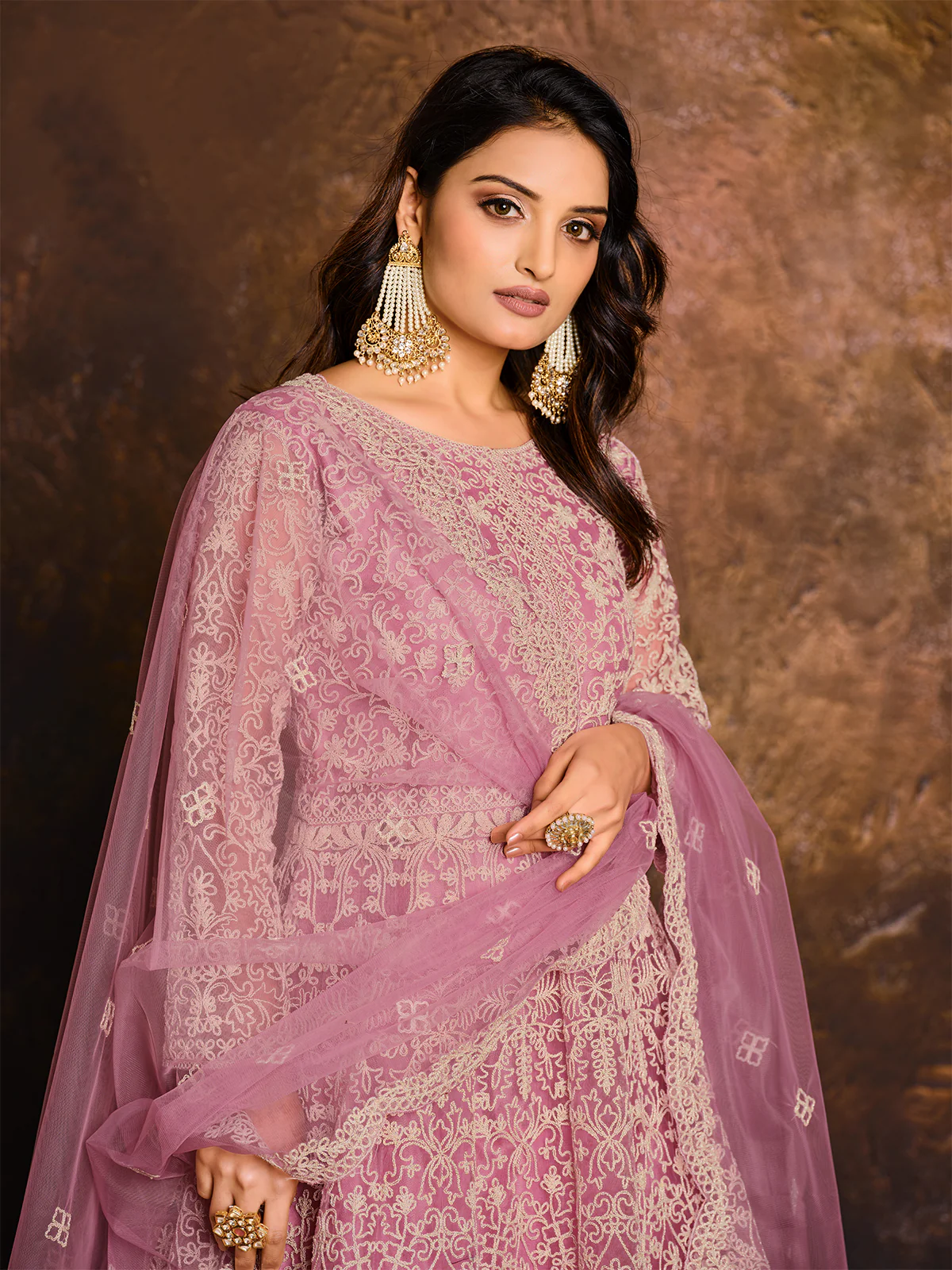 Odette Pink Net Embroidered Semi stitched Kurta Set with Inner For Women - Image 3